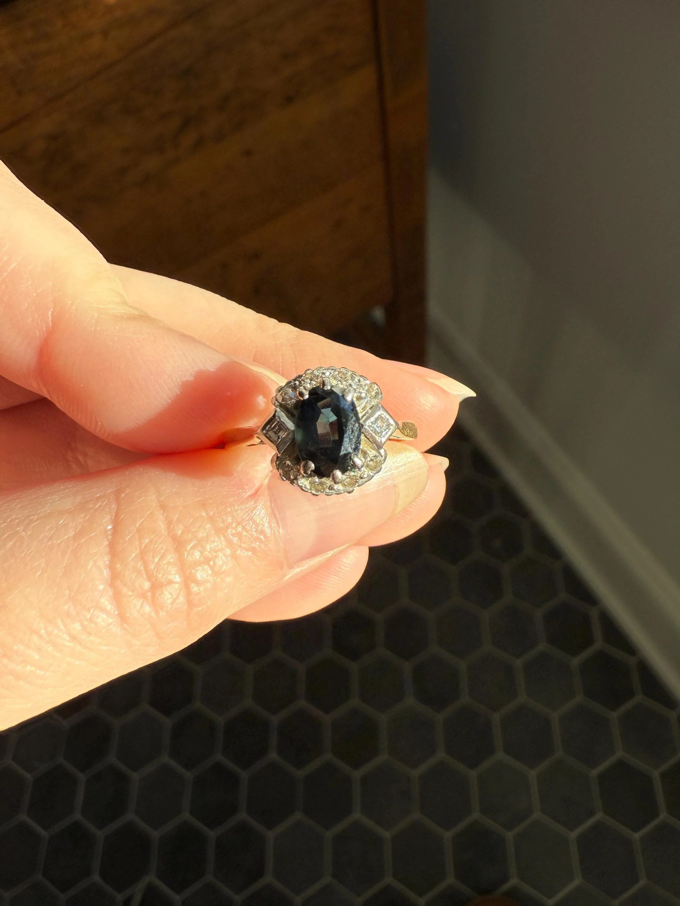 SAPPHIRE Natural Blue Green Single & Square Step Cut DIAMOND Halo Ring 18k Gold Platinum Vintage to Antique Art Deco Teal Gift Stacker - Image 2