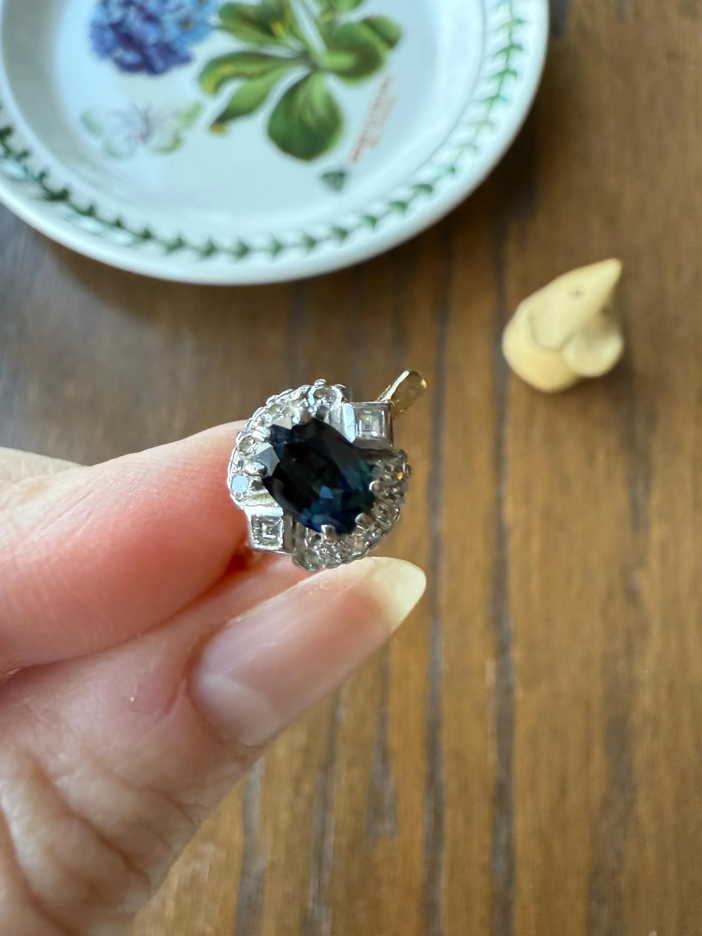SAPPHIRE Natural Blue Green Single & Square Step Cut DIAMOND Halo Ring 18k Gold Platinum Vintage to Antique Art Deco Teal Gift Stacker - Image 20
