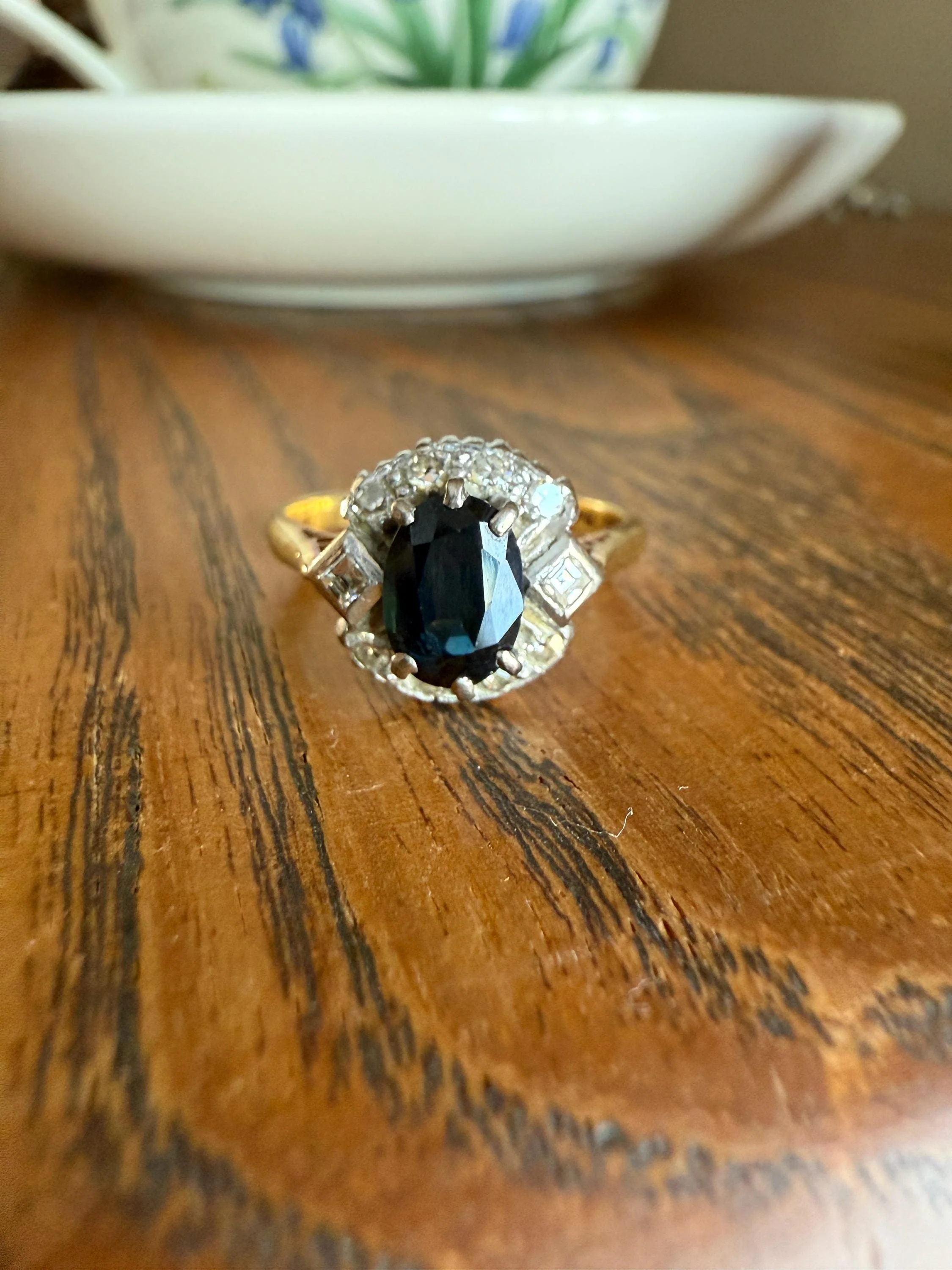 SAPPHIRE Natural Blue Green Single & Square Step Cut DIAMOND Halo Ring 18k Gold Platinum Vintage to Antique Art Deco Teal Gift Stacker - Image 3