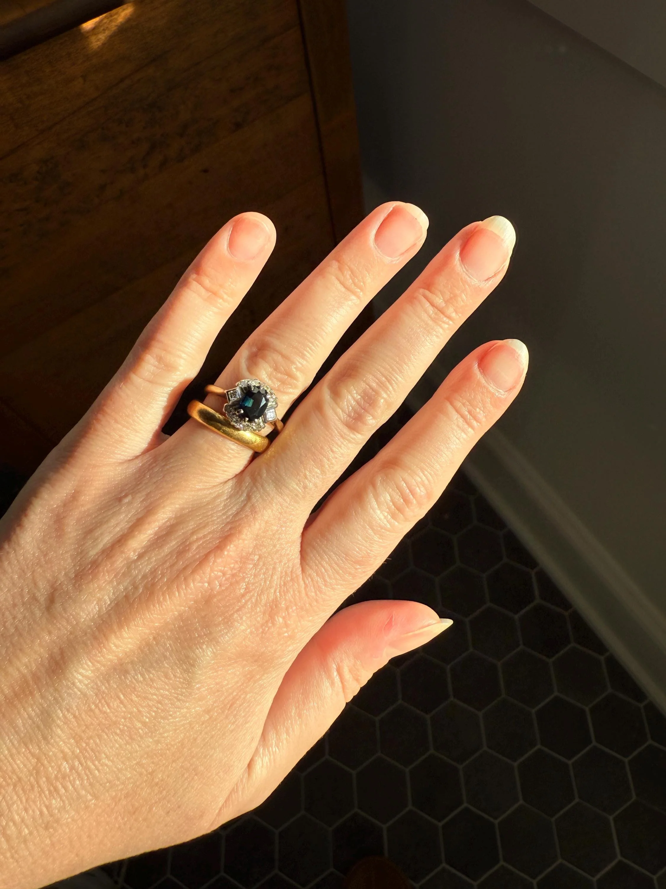 SAPPHIRE Natural Blue Green Single & Square Step Cut DIAMOND Halo Ring 18k Gold Platinum Vintage to Antique Art Deco Teal Gift Stacker - Image 5