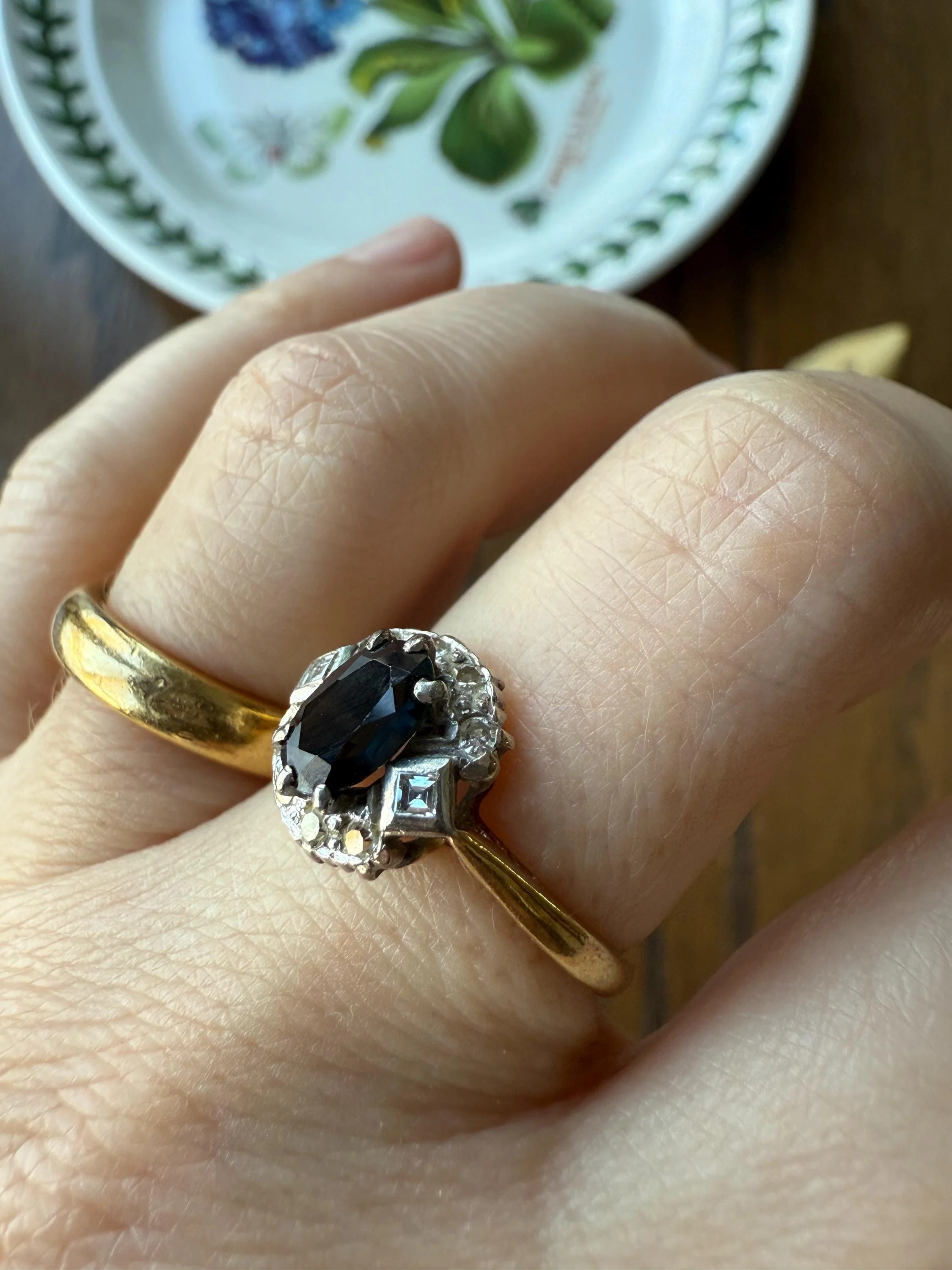 SAPPHIRE Natural Blue Green Single & Square Step Cut DIAMOND Halo Ring 18k Gold Platinum Vintage to Antique Art Deco Teal Gift Stacker - Image 6