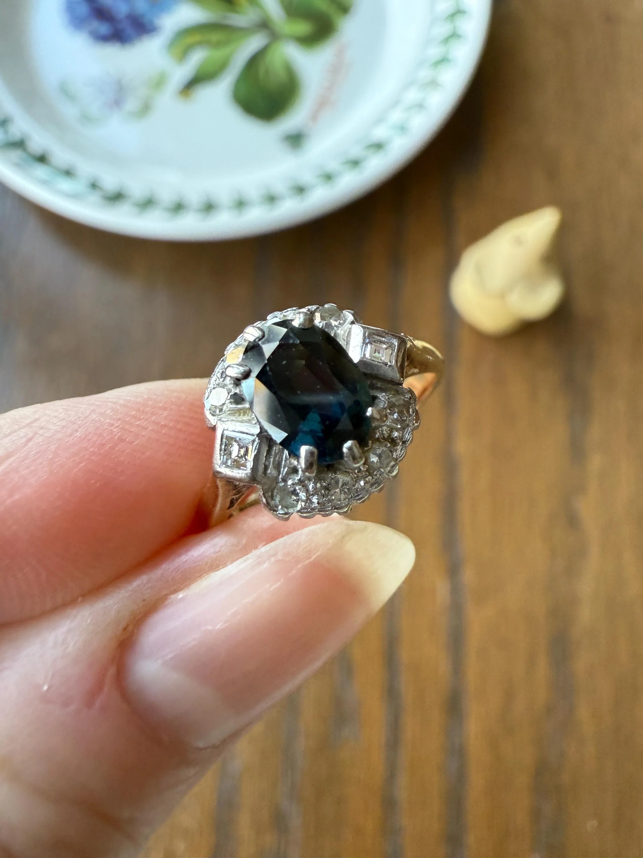SAPPHIRE Natural Blue Green Single & Square Step Cut DIAMOND Halo Ring 18k Gold Platinum Vintage to Antique Art Deco Teal Gift Stacker - Image 8
