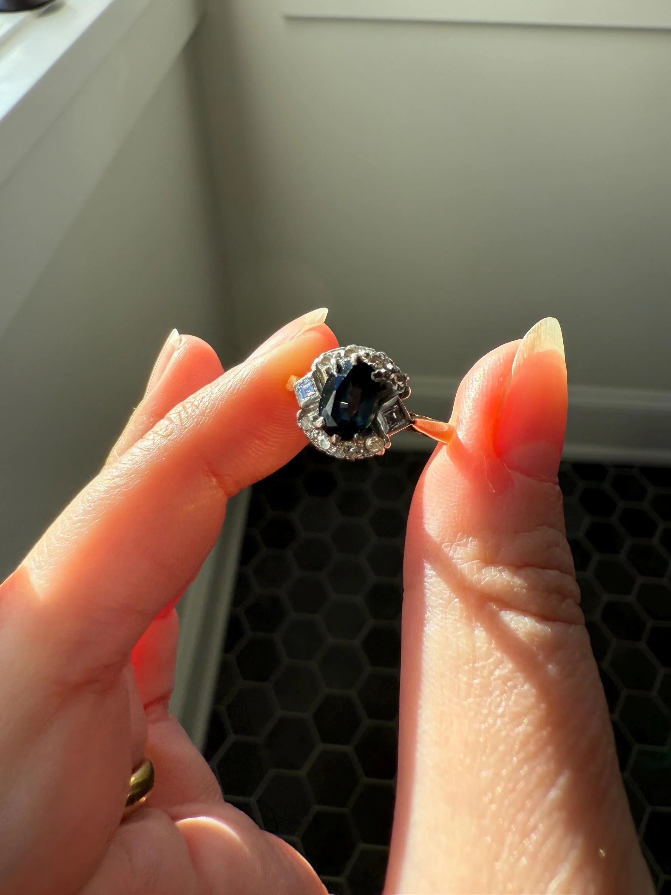 SAPPHIRE Natural Blue Green Single & Square Step Cut DIAMOND Halo Ring 18k Gold Platinum Vintage to Antique Art Deco Teal Gift Stacker - Image 9