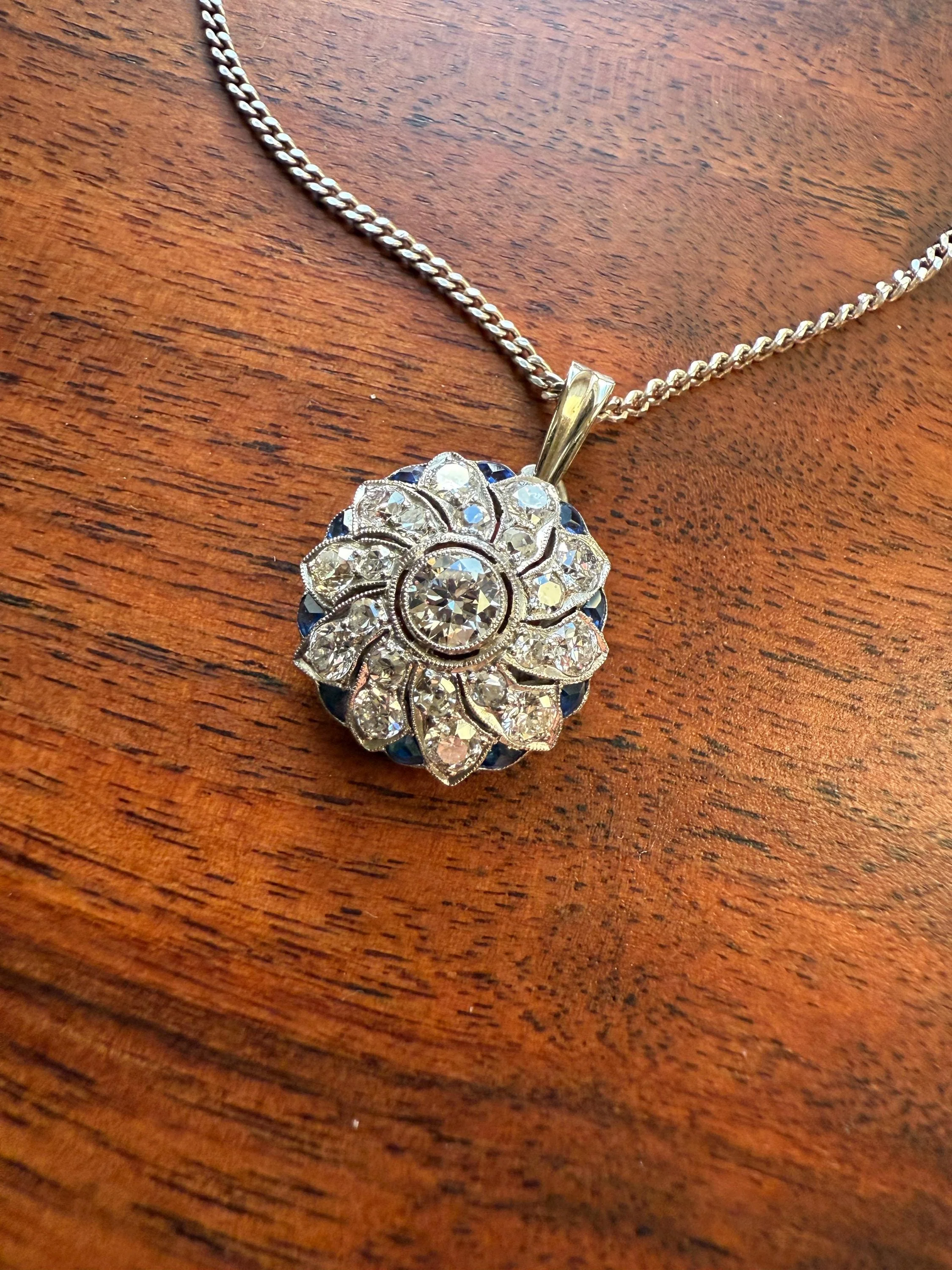 SAPPHIRE Vintage Art Deco Transitional Cut DIAMOND Platinum Floral Cluster Blue Pendant on Silver Chain Necklace Something Old Blue - Image 10
