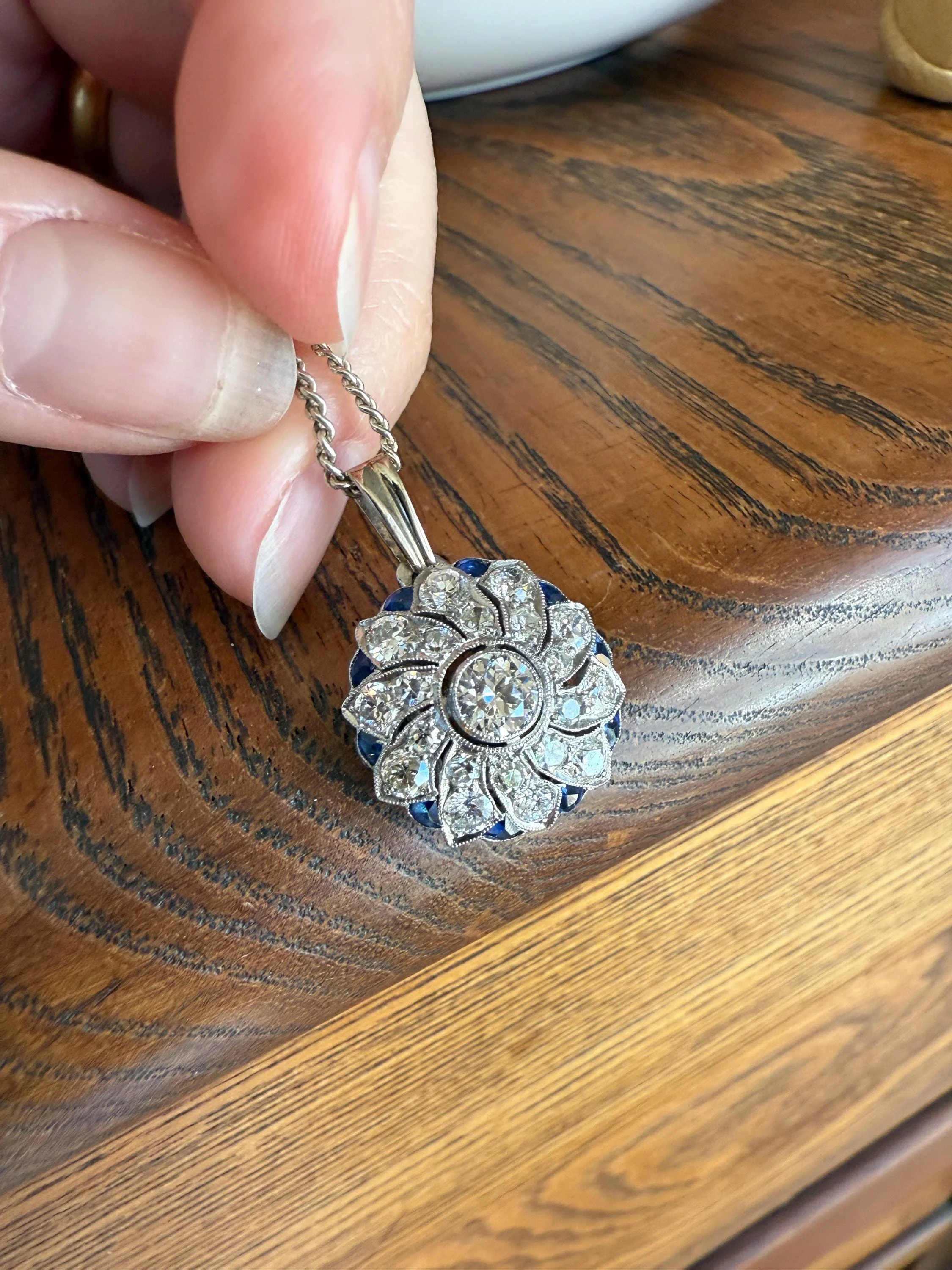 SAPPHIRE Vintage Art Deco Transitional Cut DIAMOND Platinum Floral Cluster Blue Pendant on Silver Chain Necklace Something Old Blue - Image 11