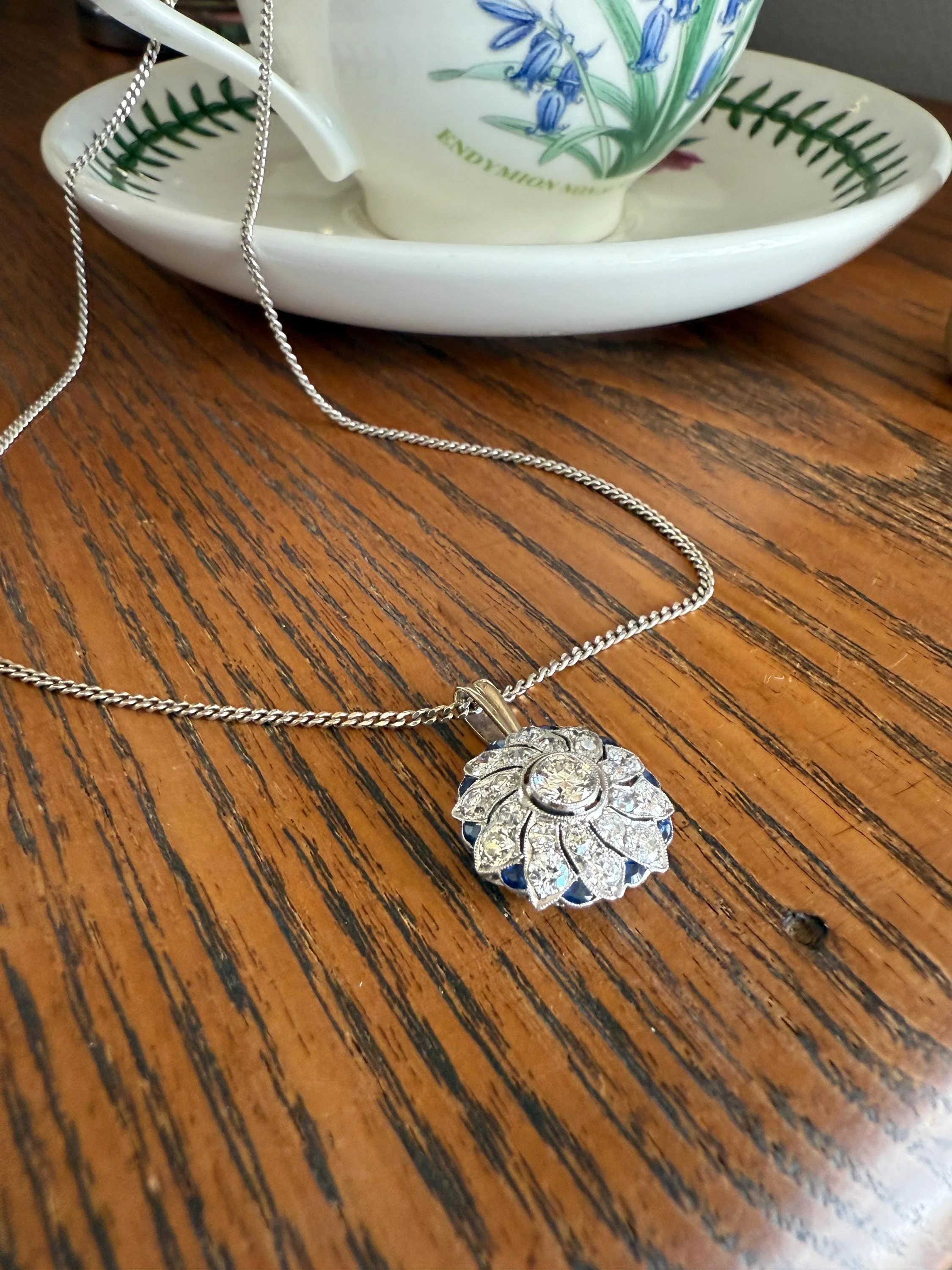 SAPPHIRE Vintage Art Deco Transitional Cut DIAMOND Platinum Floral Cluster Blue Pendant on Silver Chain Necklace Something Old Blue - Image 13