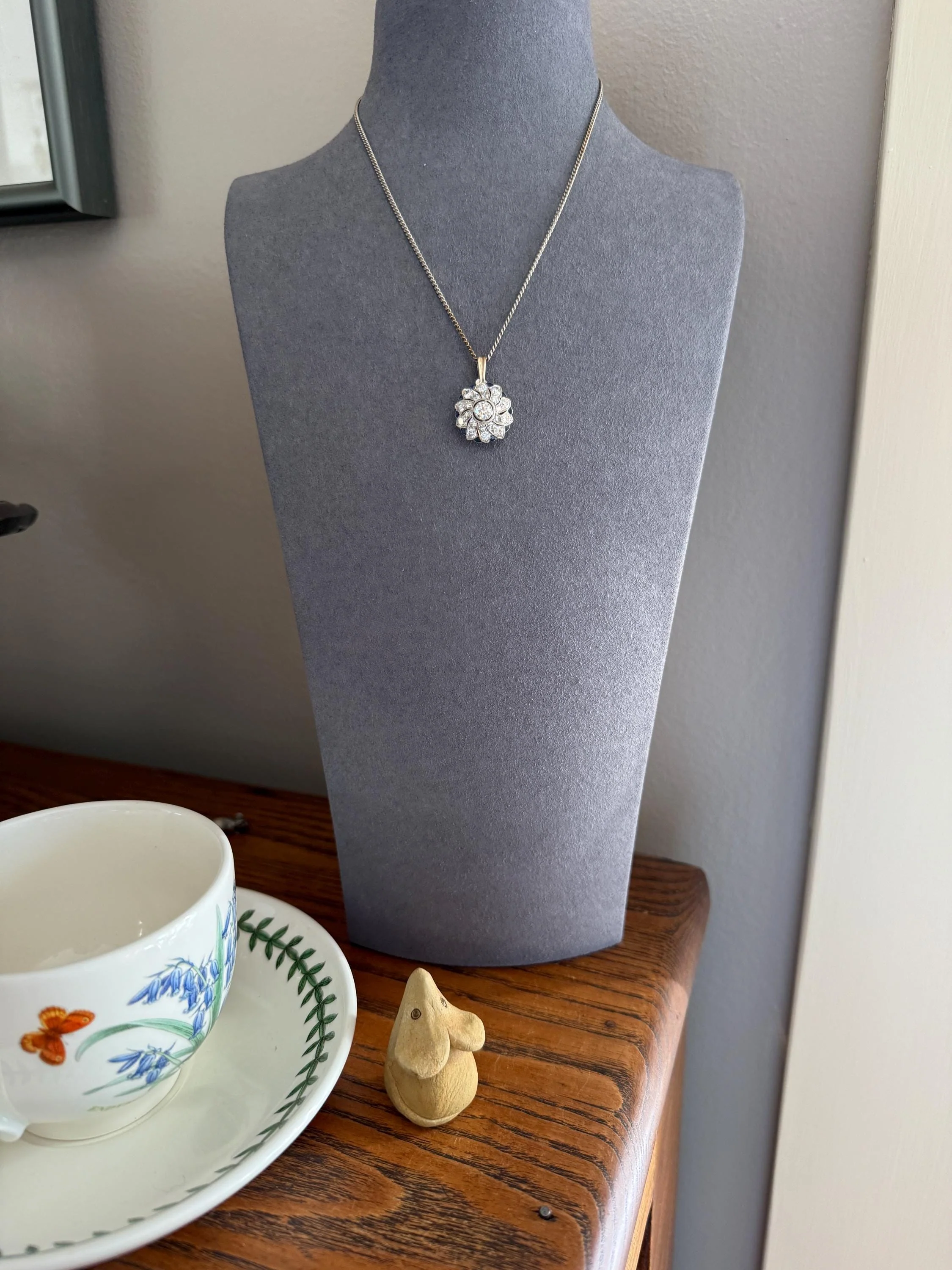 SAPPHIRE Vintage Art Deco Transitional Cut DIAMOND Platinum Floral Cluster Blue Pendant on Silver Chain Necklace Something Old Blue - Image 15