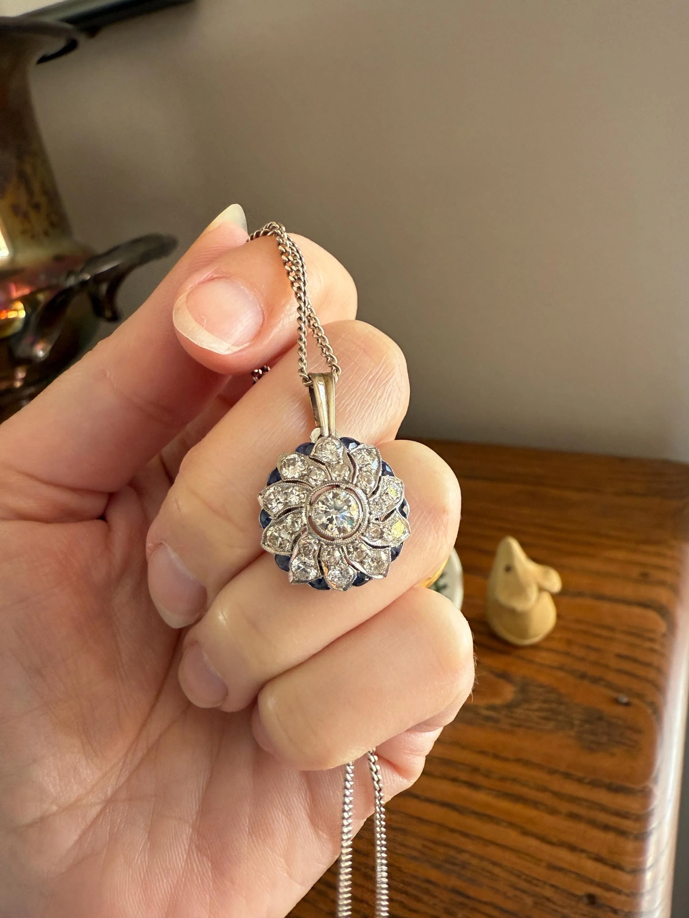 SAPPHIRE Vintage Art Deco Transitional Cut DIAMOND Platinum Floral Cluster Blue Pendant on Silver Chain Necklace Something Old Blue - Image 16