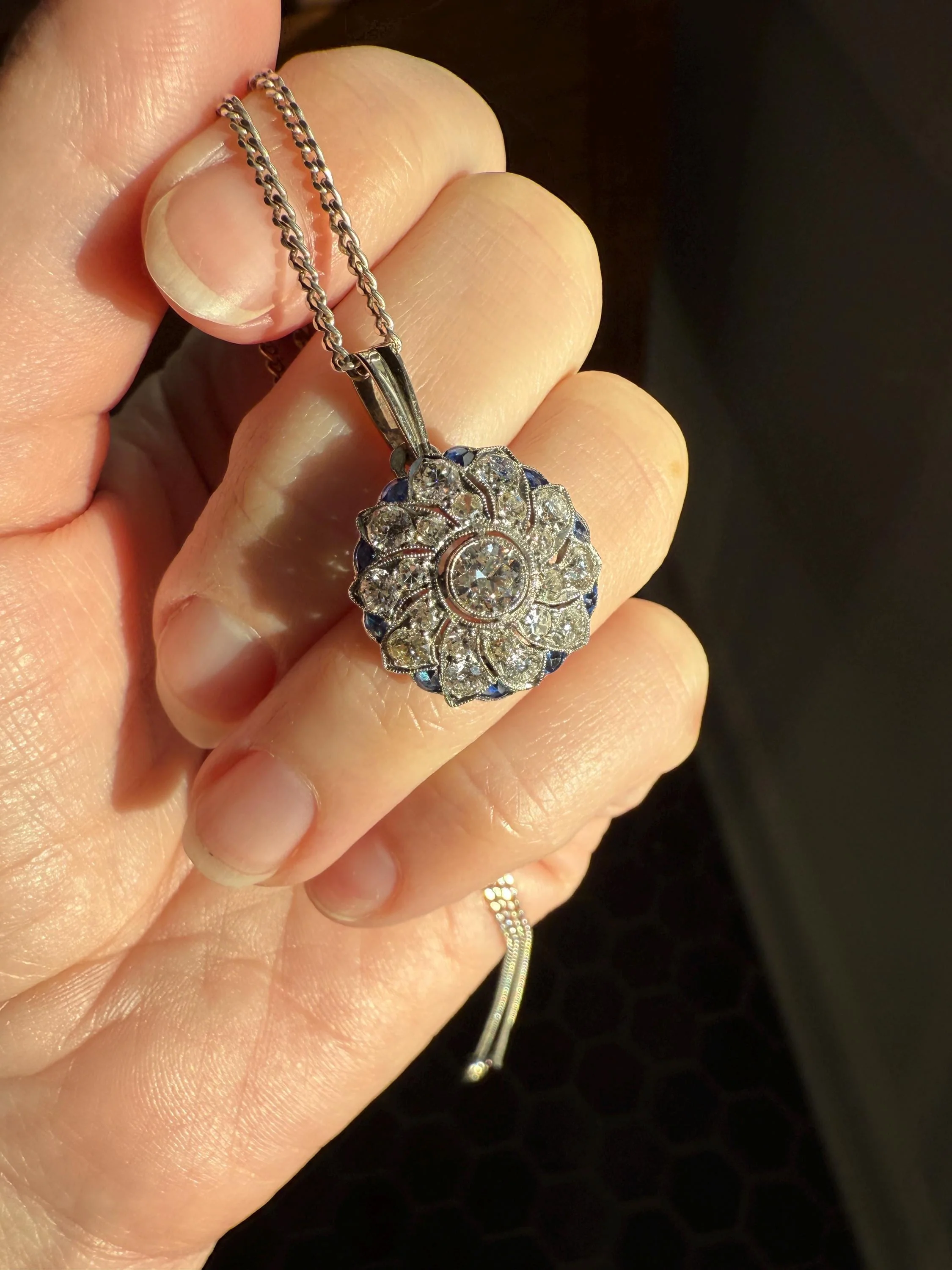 SAPPHIRE Vintage Art Deco Transitional Cut DIAMOND Platinum Floral Cluster Blue Pendant on Silver Chain Necklace Something Old Blue - Image 17