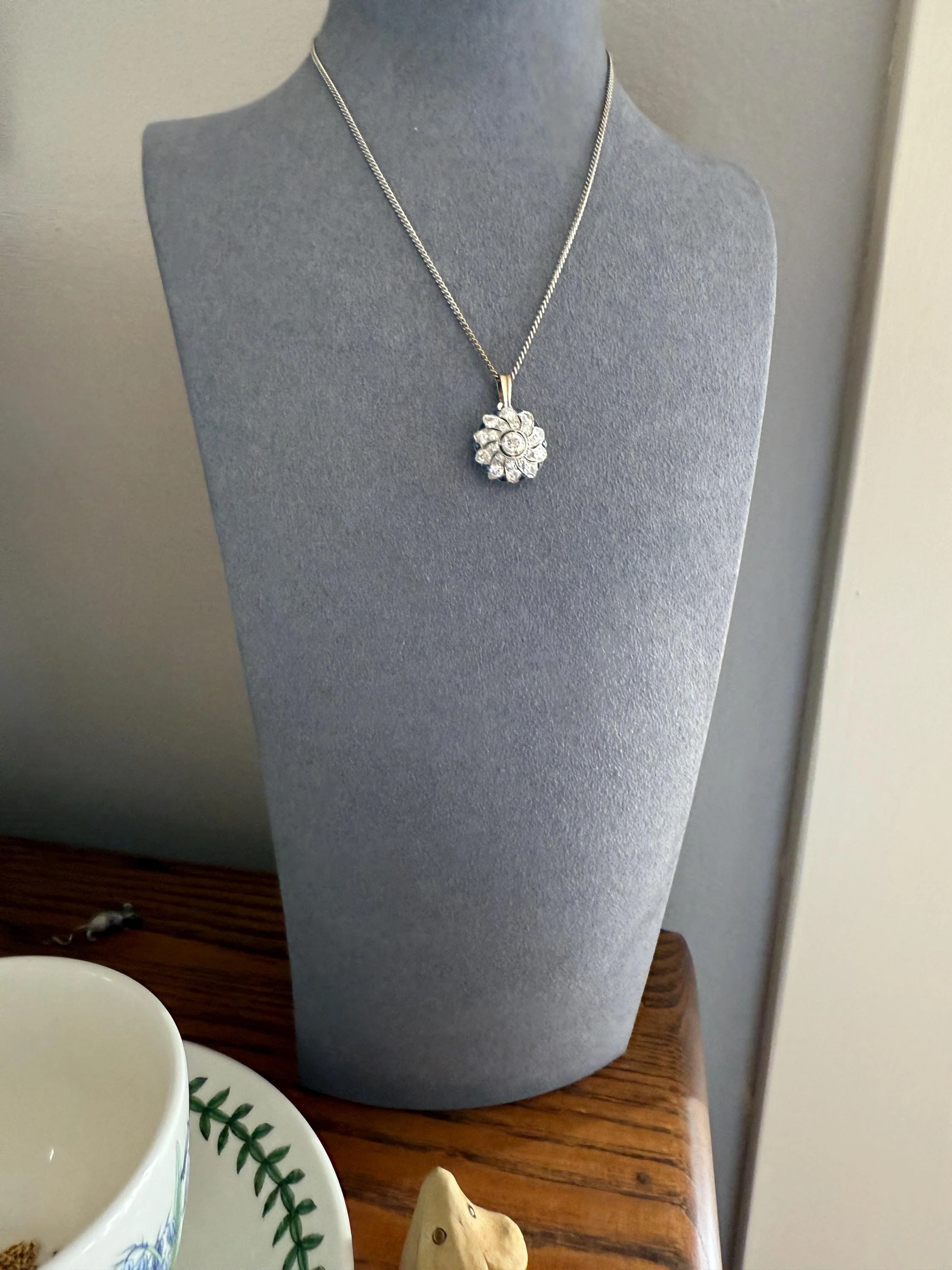 SAPPHIRE Vintage Art Deco Transitional Cut DIAMOND Platinum Floral Cluster Blue Pendant on Silver Chain Necklace Something Old Blue - Image 2