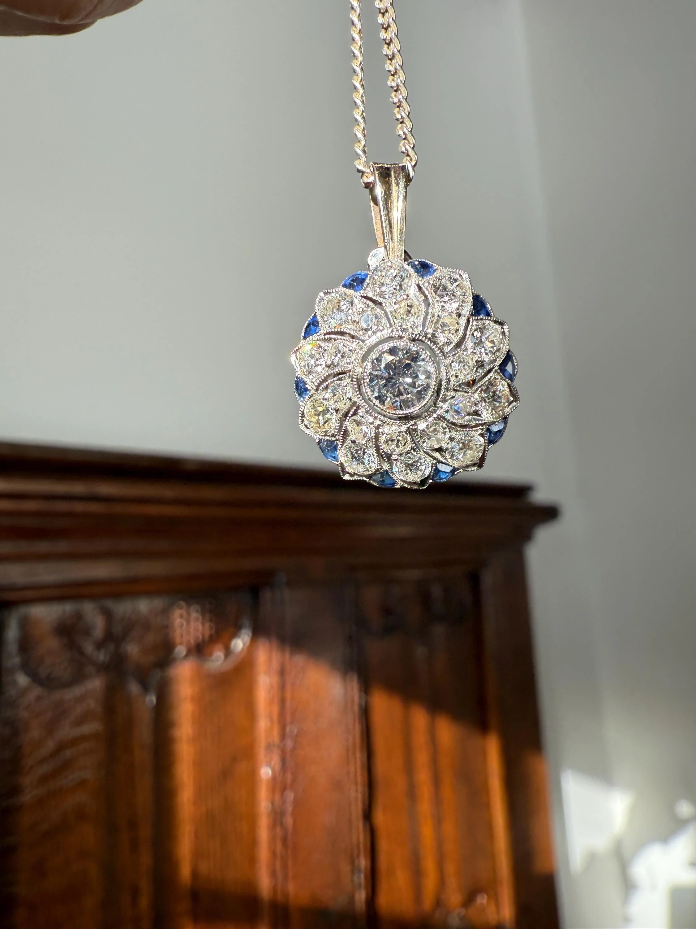 SAPPHIRE Vintage Art Deco Transitional Cut DIAMOND Platinum Floral Cluster Blue Pendant on Silver Chain Necklace Something Old Blue - Image 3