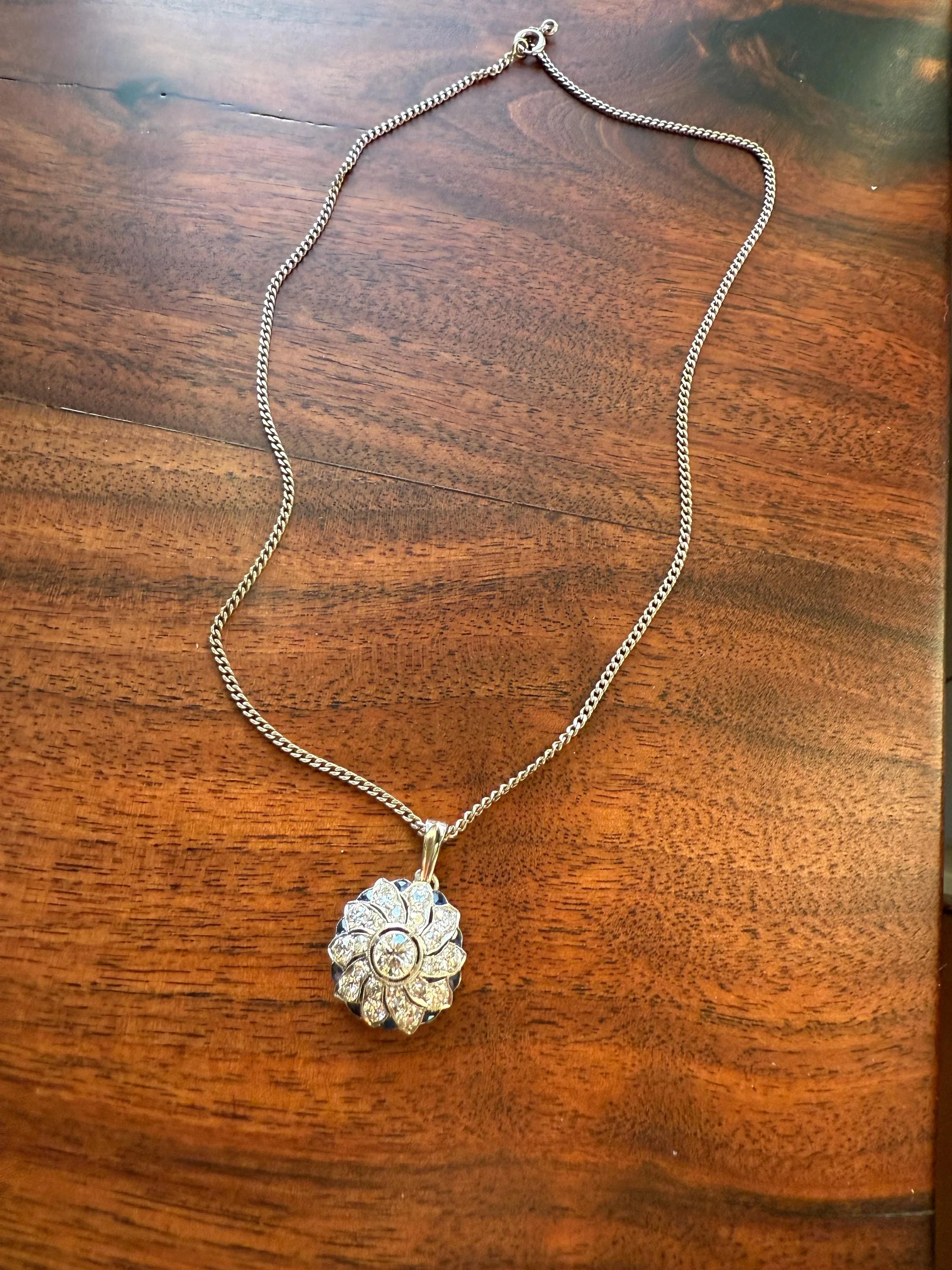SAPPHIRE Vintage Art Deco Transitional Cut DIAMOND Platinum Floral Cluster Blue Pendant on Silver Chain Necklace Something Old Blue - Image 4