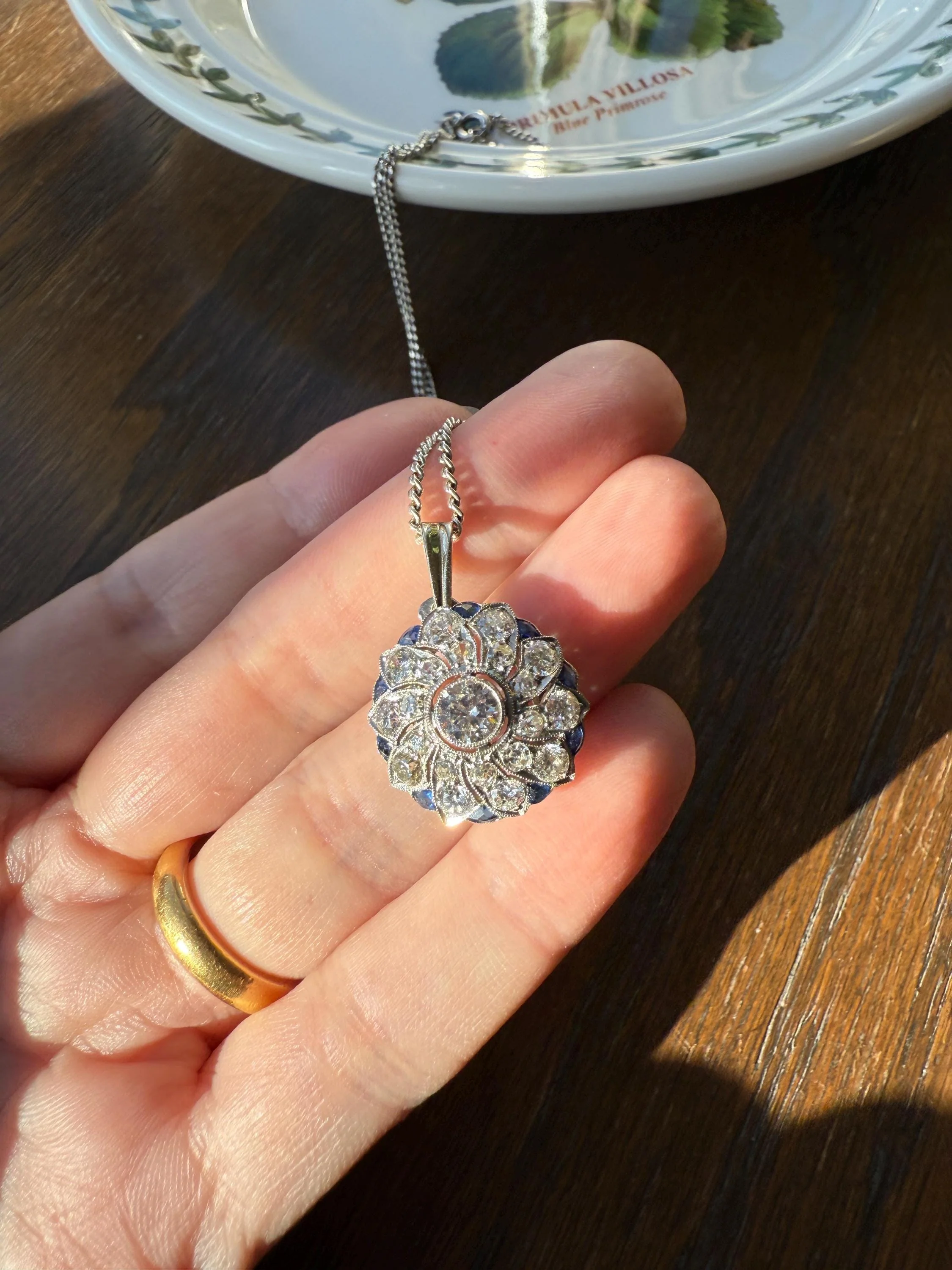 SAPPHIRE Vintage Art Deco Transitional Cut DIAMOND Platinum Floral Cluster Blue Pendant on Silver Chain Necklace Something Old Blue - Image 5