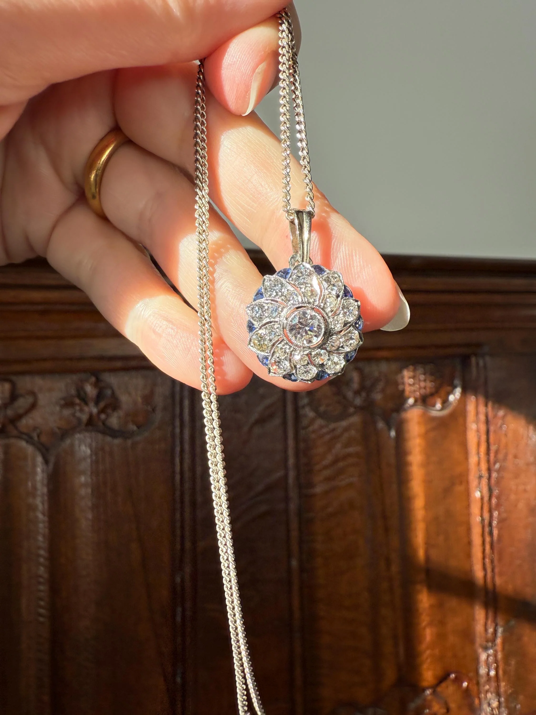 SAPPHIRE Vintage Art Deco Transitional Cut DIAMOND Platinum Floral Cluster Blue Pendant on Silver Chain Necklace Something Old Blue - Image 6
