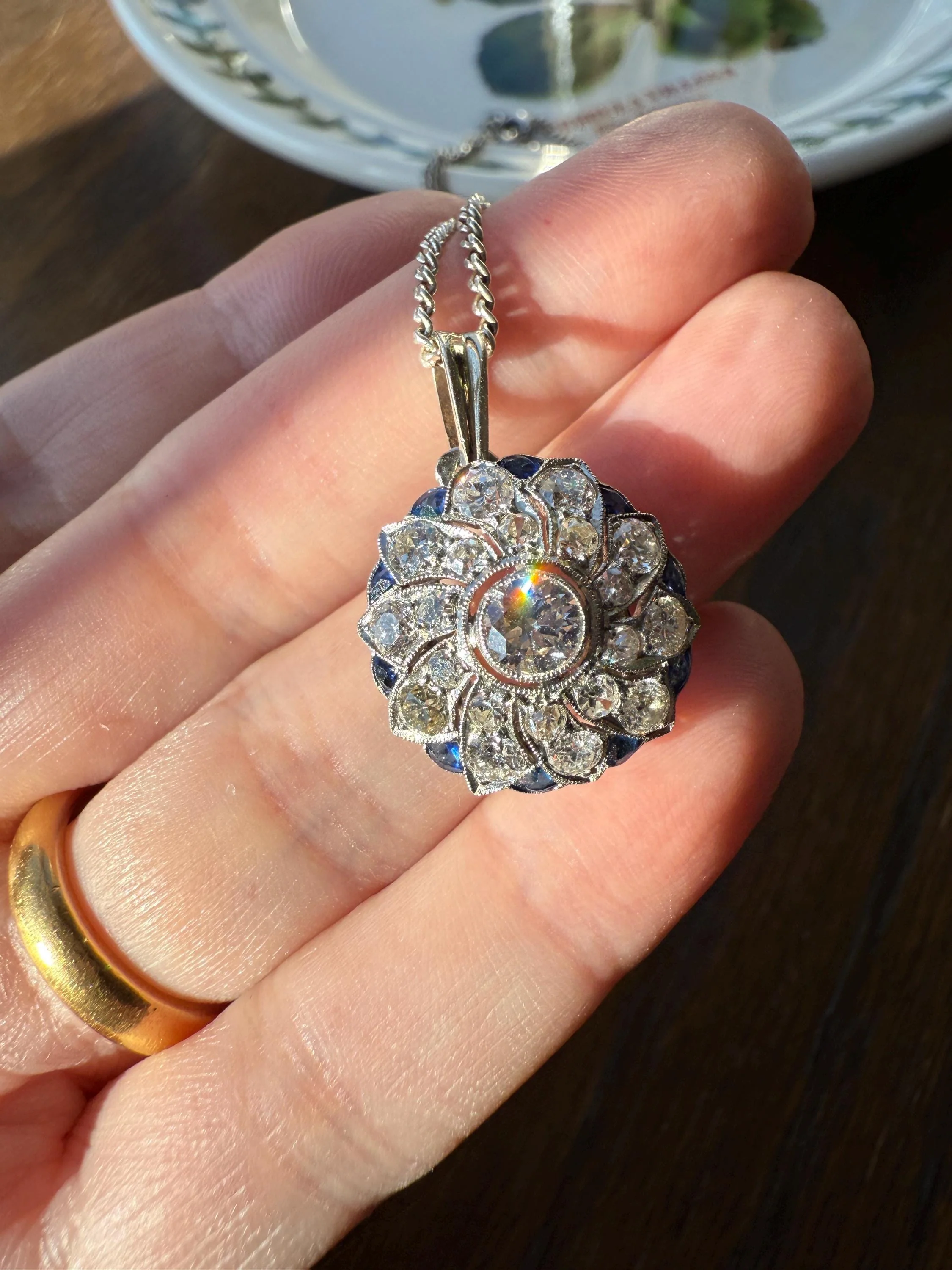 SAPPHIRE Vintage Art Deco Transitional Cut DIAMOND Platinum Floral Cluster Blue Pendant on Silver Chain Necklace Something Old Blue - Image 8