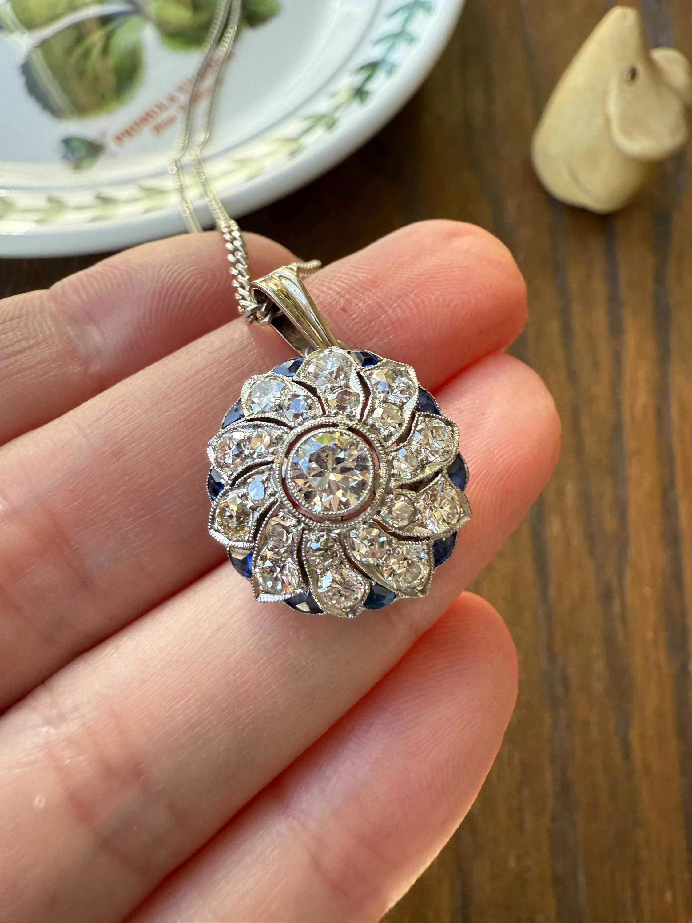 SAPPHIRE Vintage Art Deco Transitional Cut DIAMOND Platinum Floral Cluster Blue Pendant on Silver Chain Necklace Something Old Blue - Image 9