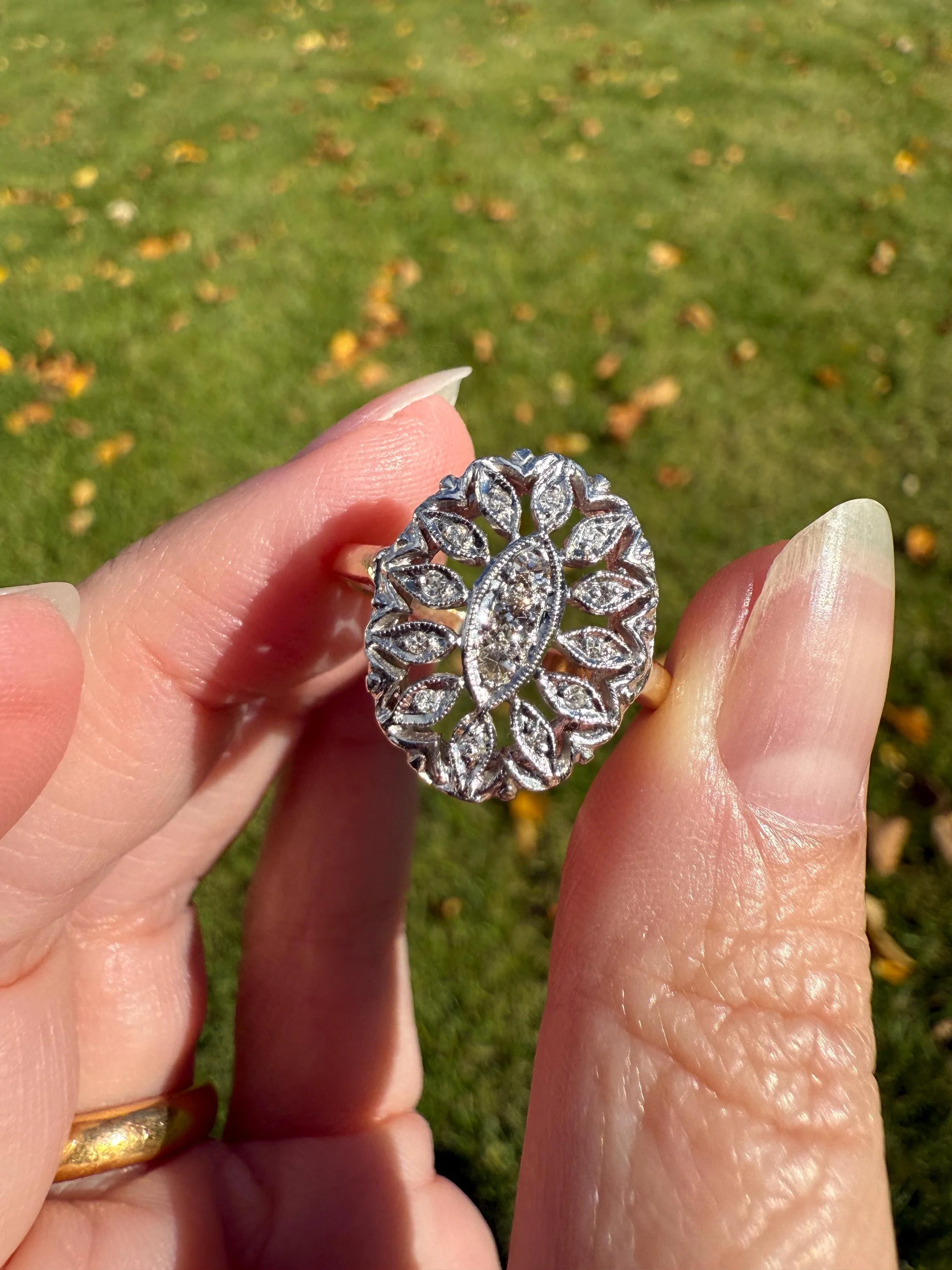 Scalloped Oval Antique Old Single Cut Diamond Open Work Shield Panel Ring 14k Two Tone Gold Cocktail Stacker Marquise Illusion Starburst - Image 10