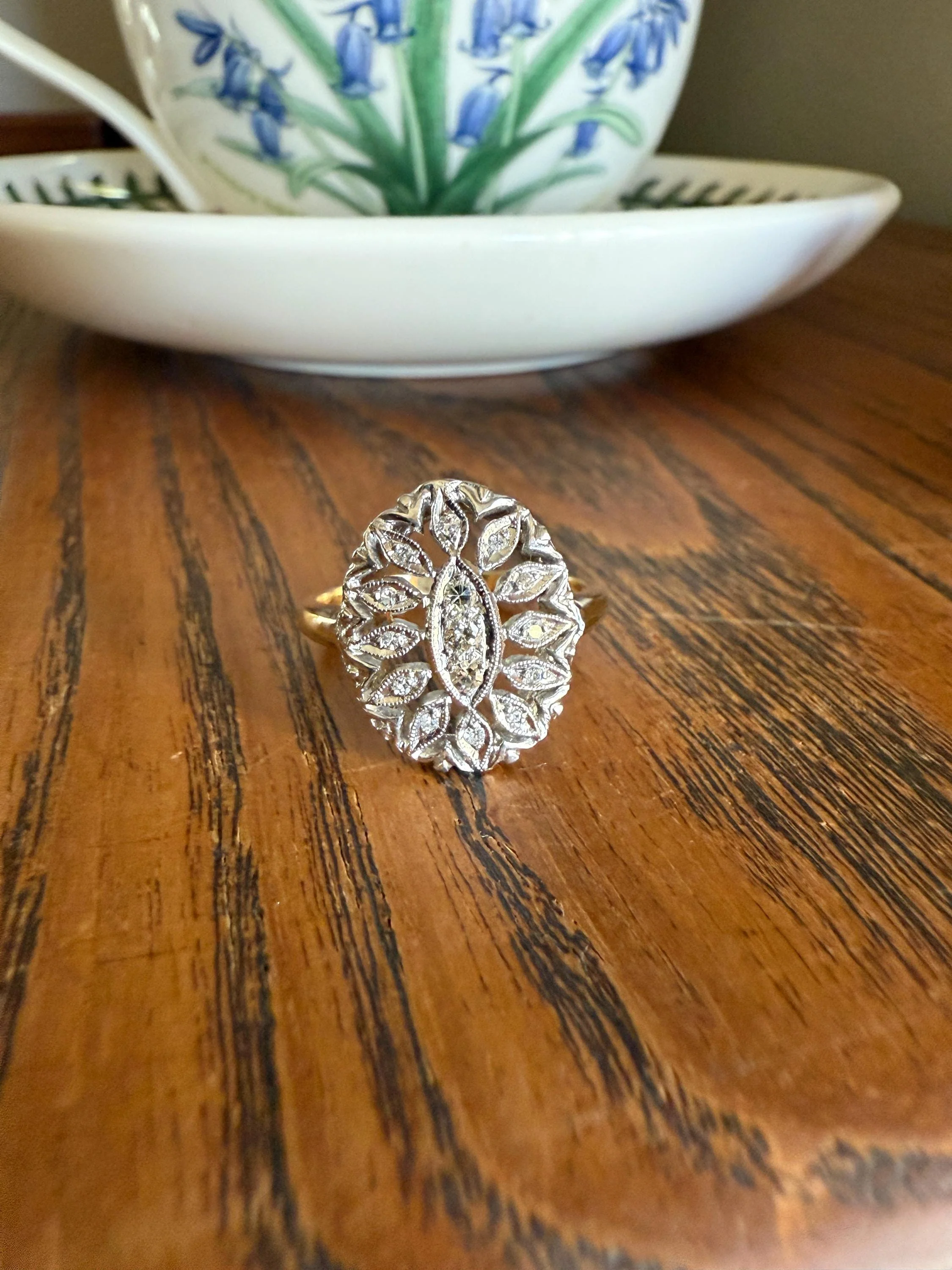 Scalloped Oval Antique Old Single Cut Diamond Open Work Shield Panel Ring 14k Two Tone Gold Cocktail Stacker Marquise Illusion Starburst - Image 11