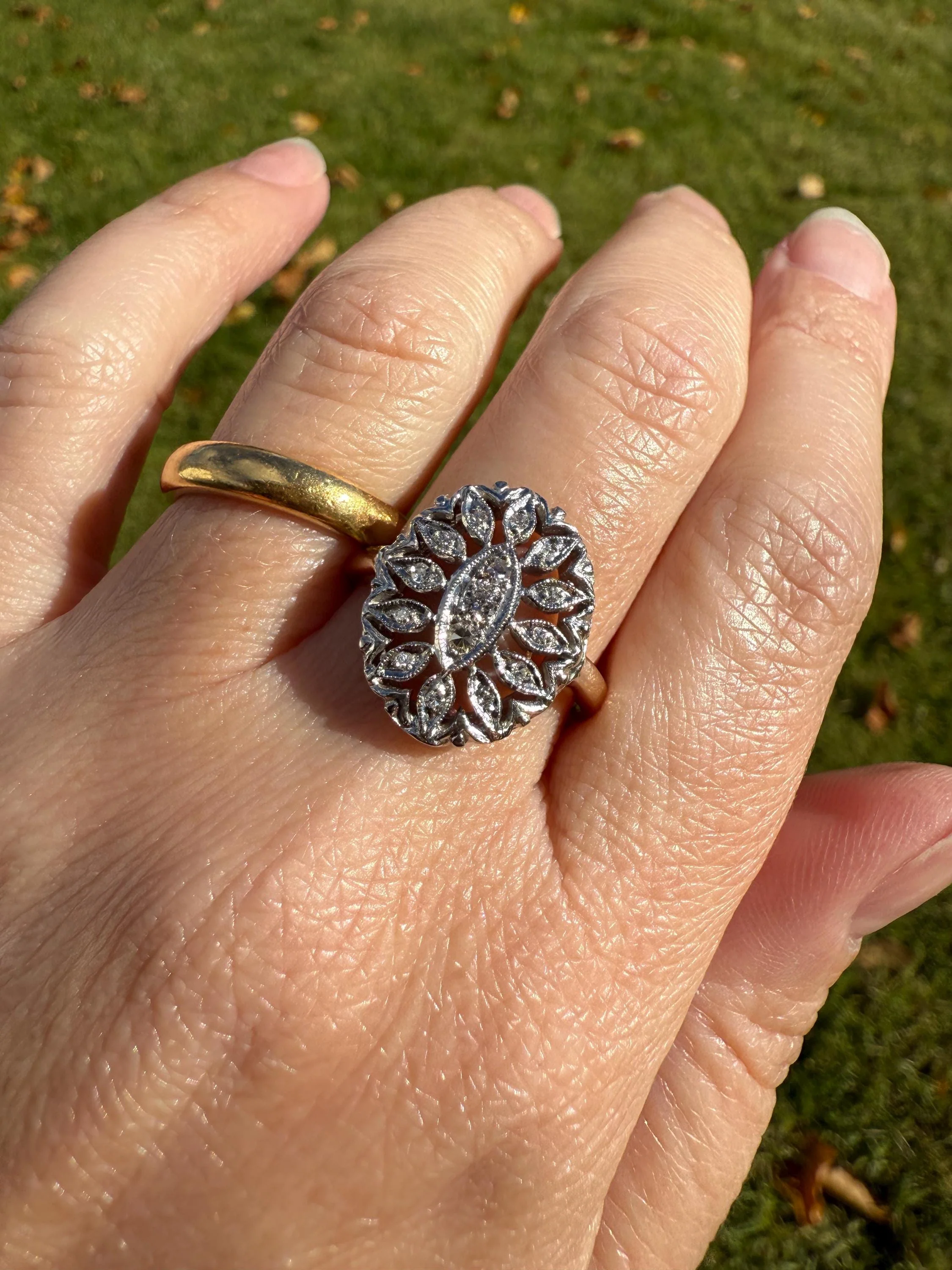 Scalloped Oval Antique Old Single Cut Diamond Open Work Shield Panel Ring 14k Two Tone Gold Cocktail Stacker Marquise Illusion Starburst - Image 12
