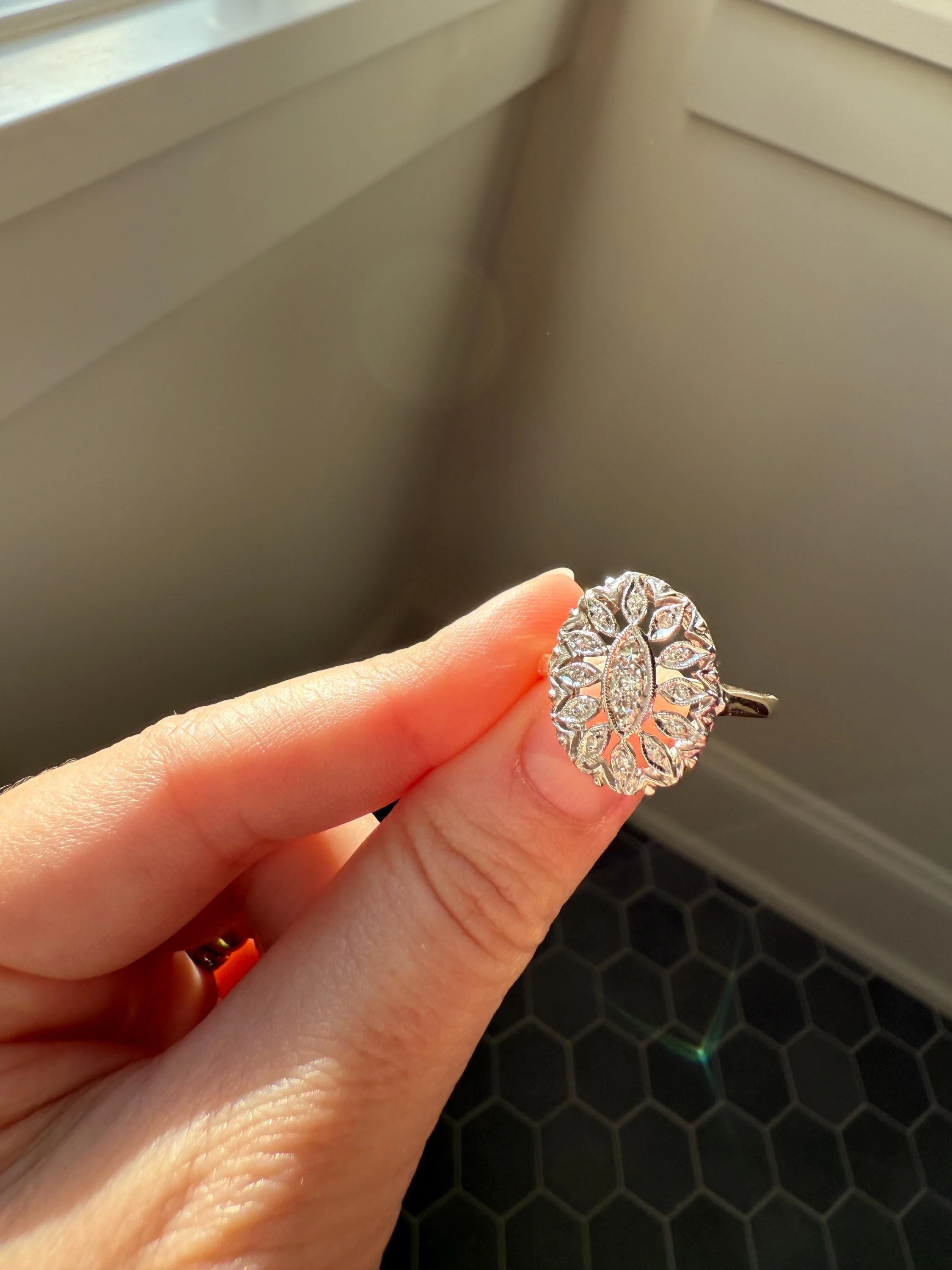 Scalloped Oval Antique Old Single Cut Diamond Open Work Shield Panel Ring 14k Two Tone Gold Cocktail Stacker Marquise Illusion Starburst - Image 2