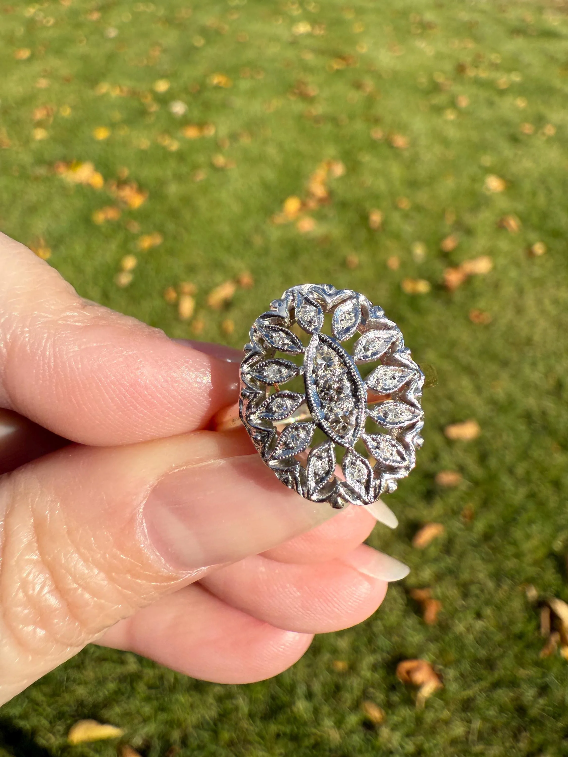 Scalloped Oval Antique Old Single Cut Diamond Open Work Shield Panel Ring 14k Two Tone Gold Cocktail Stacker Marquise Illusion Starburst - Image 3