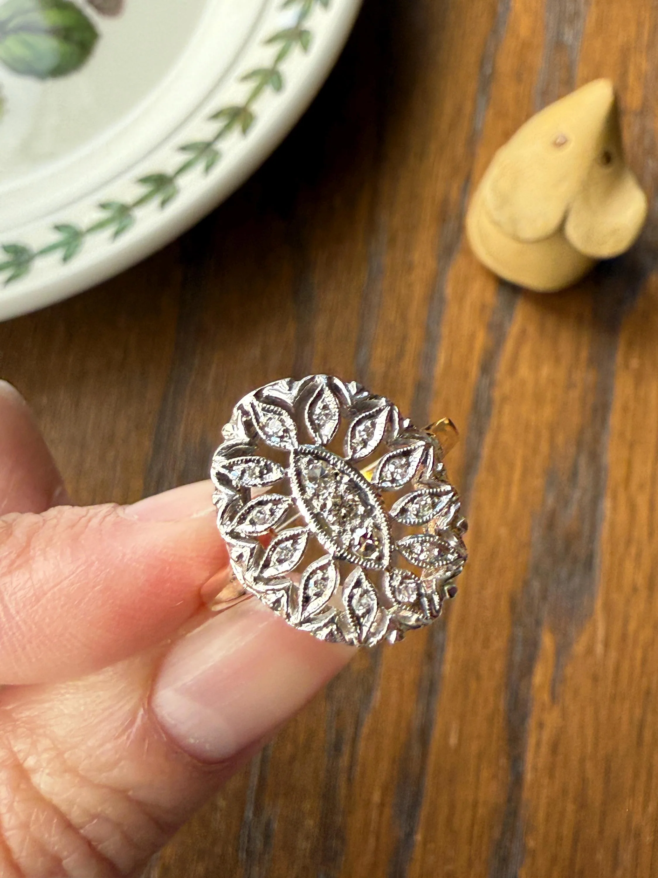 Scalloped Oval Antique Old Single Cut Diamond Open Work Shield Panel Ring 14k Two Tone Gold Cocktail Stacker Marquise Illusion Starburst - Image 5