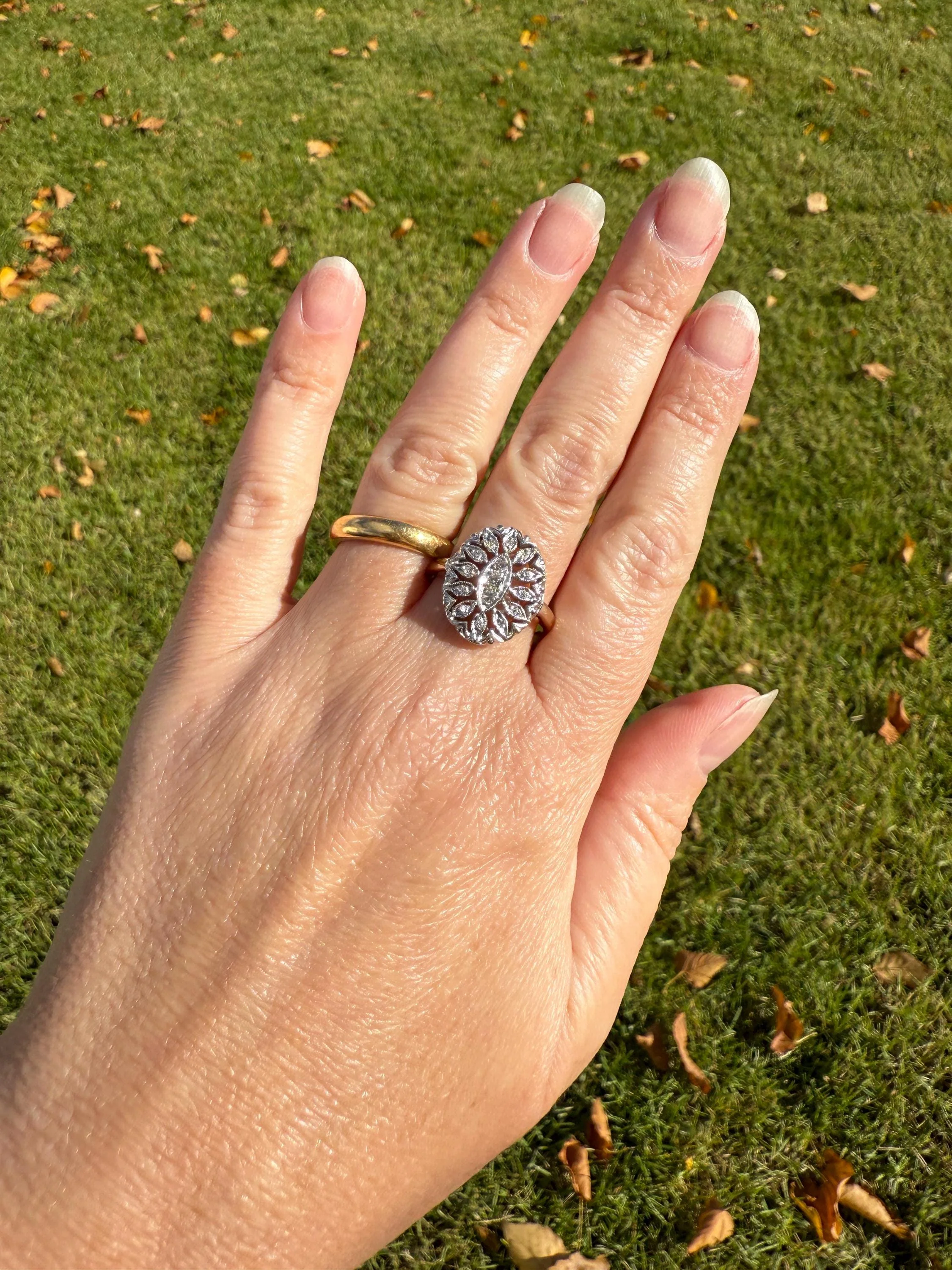 Scalloped Oval Antique Old Single Cut Diamond Open Work Shield Panel Ring 14k Two Tone Gold Cocktail Stacker Marquise Illusion Starburst - Image 6