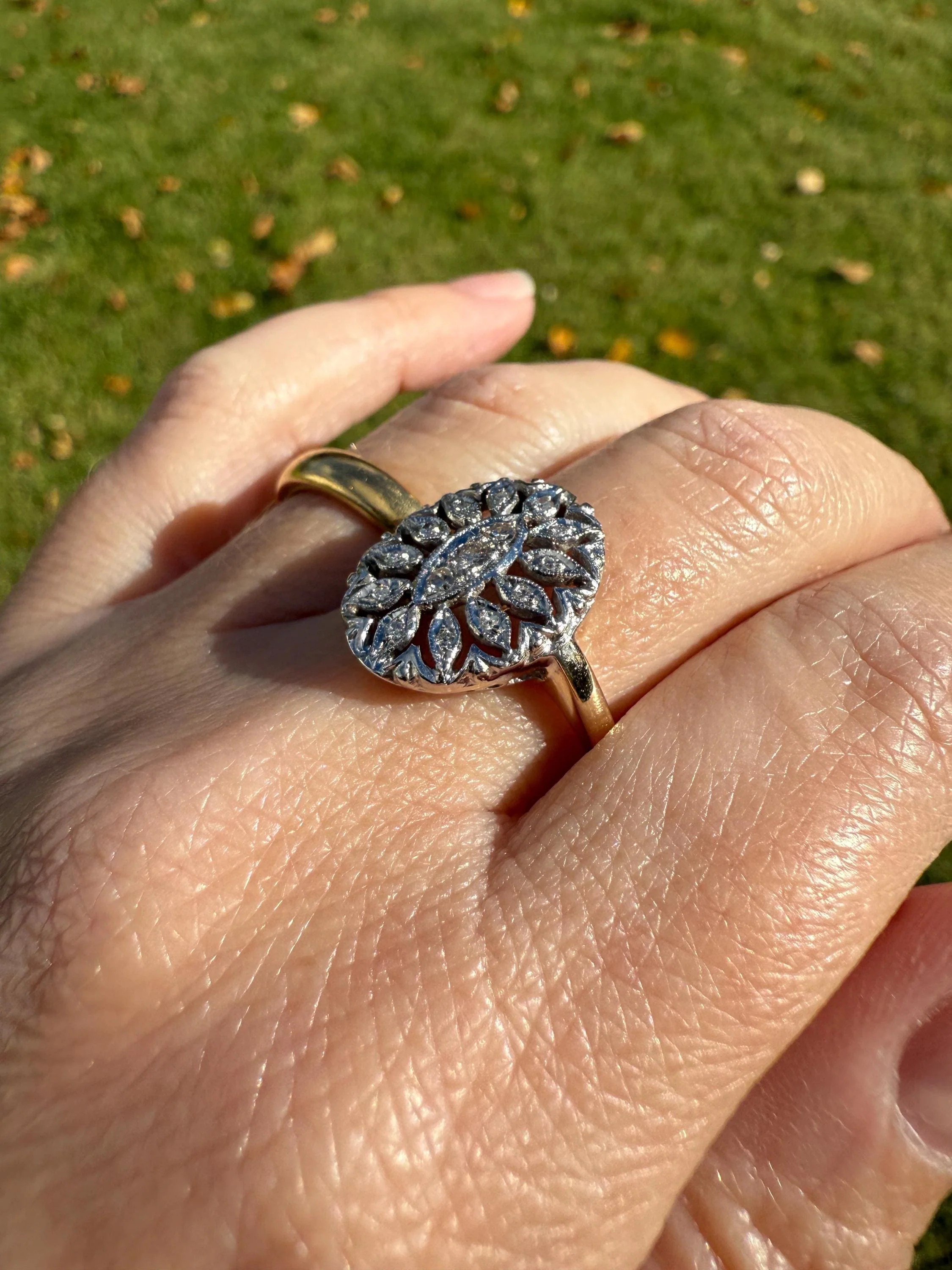 Scalloped Oval Antique Old Single Cut Diamond Open Work Shield Panel Ring 14k Two Tone Gold Cocktail Stacker Marquise Illusion Starburst - Image 7