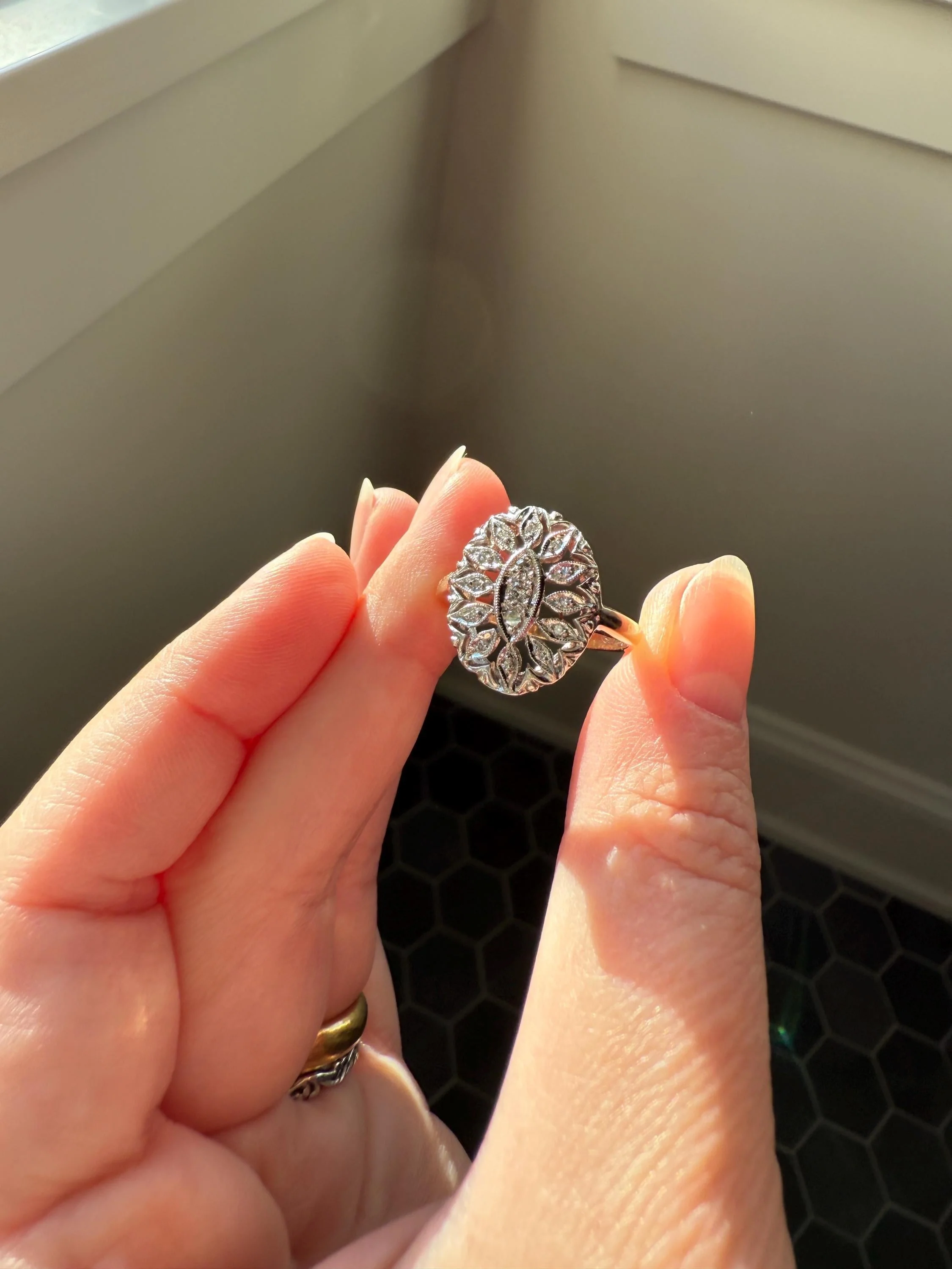 Scalloped Oval Antique Old Single Cut Diamond Open Work Shield Panel Ring 14k Two Tone Gold Cocktail Stacker Marquise Illusion Starburst - Image 8
