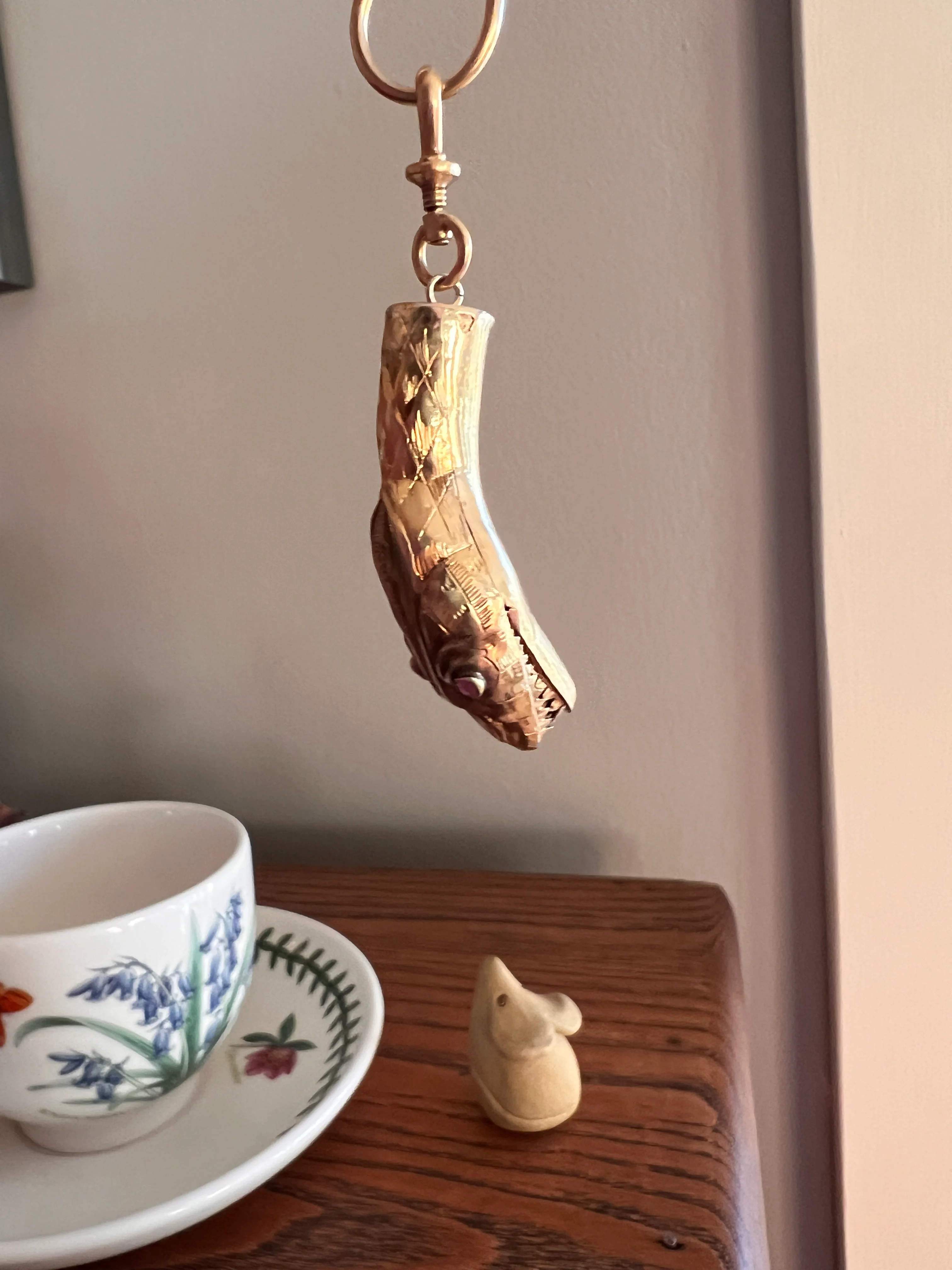 Smiling SNAKE Large Victorian Antique Pendant Figural TEETH! 5.2g 18k Gold Solid French Swivel w/ Dog Clip - Image 16