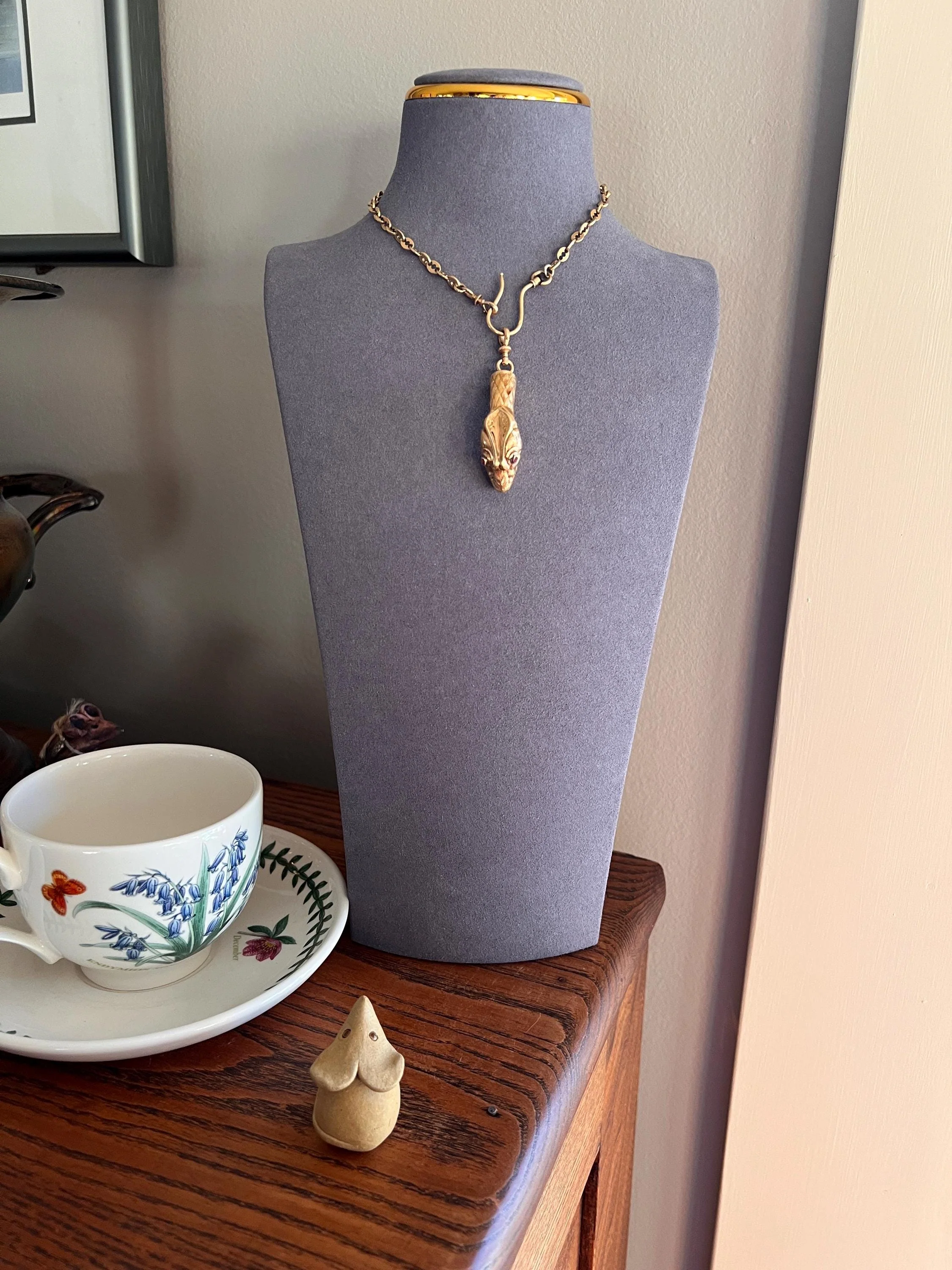 Smiling SNAKE Large Victorian Antique Pendant Figural TEETH! 5.2g 18k Gold Solid French Swivel w/ Dog Clip - Image 3