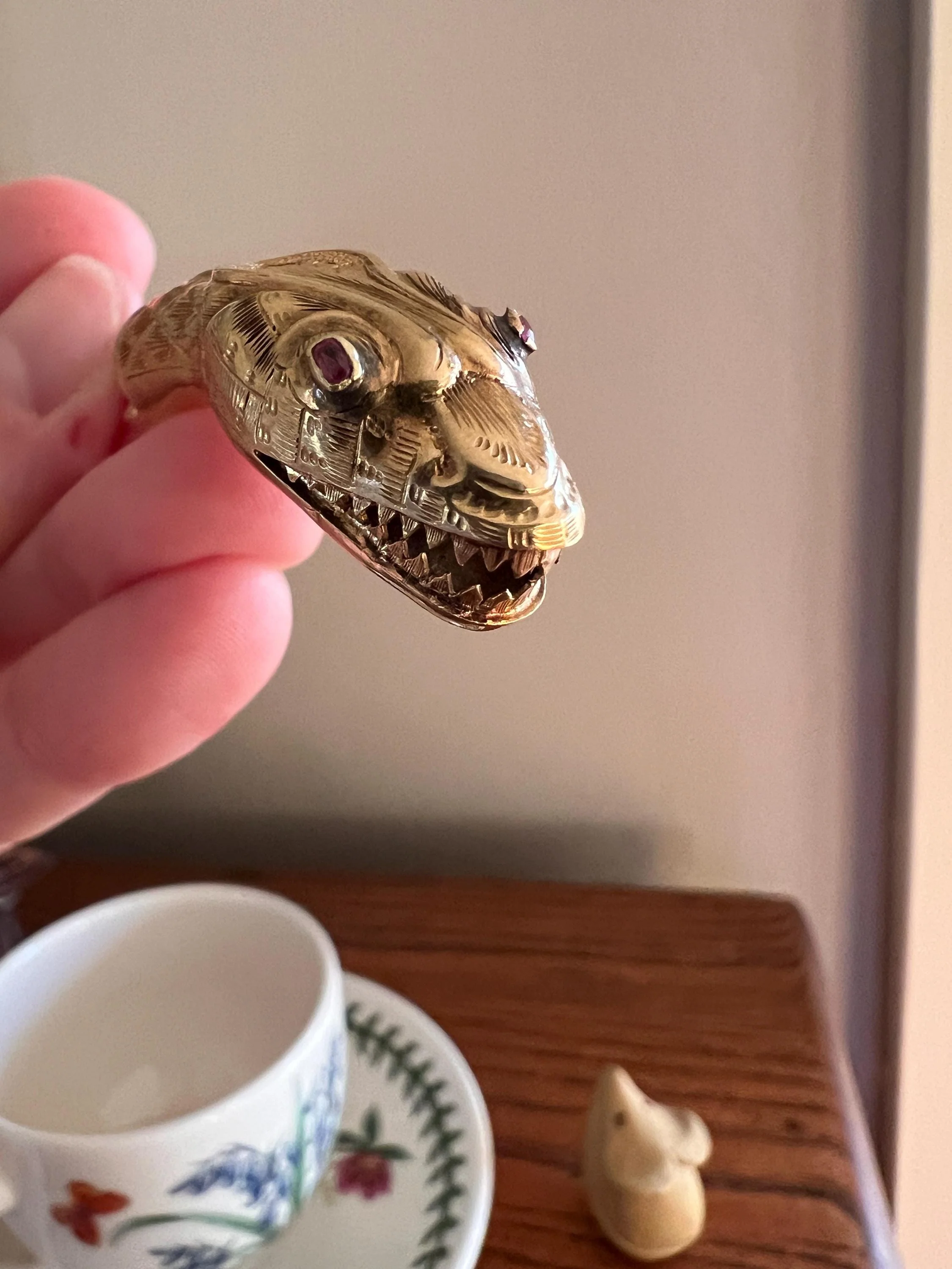 Smiling SNAKE Large Victorian Antique Pendant Figural TEETH! 5.2g 18k Gold Solid French Swivel w/ Dog Clip - Image 6
