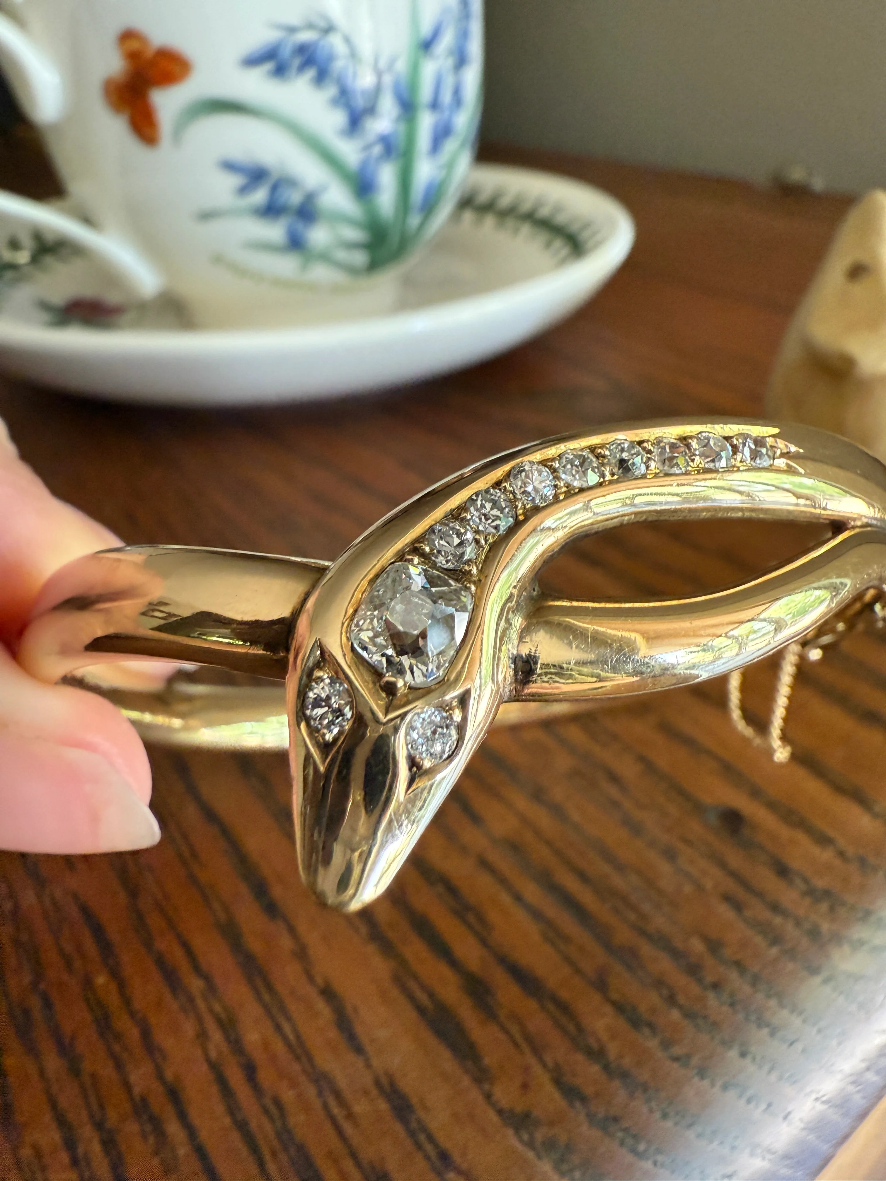SNAKE Antique 1.3 Carat Old Mine Cut DIAMOND 32g 14k GOLD Chunky Heavy Bangle Bracelet Figural - Image 14