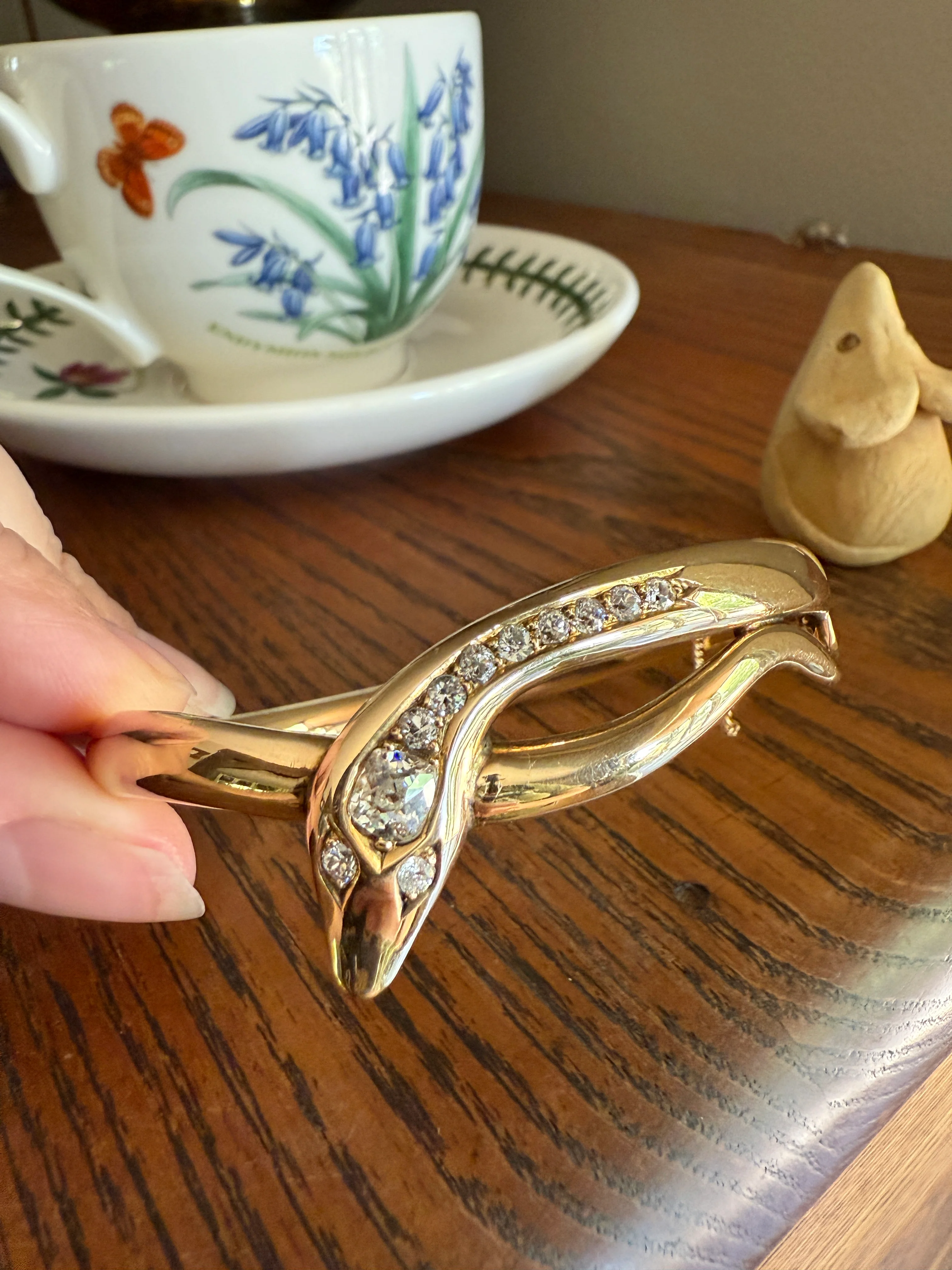 SNAKE Antique 1.3 Carat Old Mine Cut DIAMOND 32g 14k GOLD Chunky Heavy Bangle Bracelet Figural - Image 16