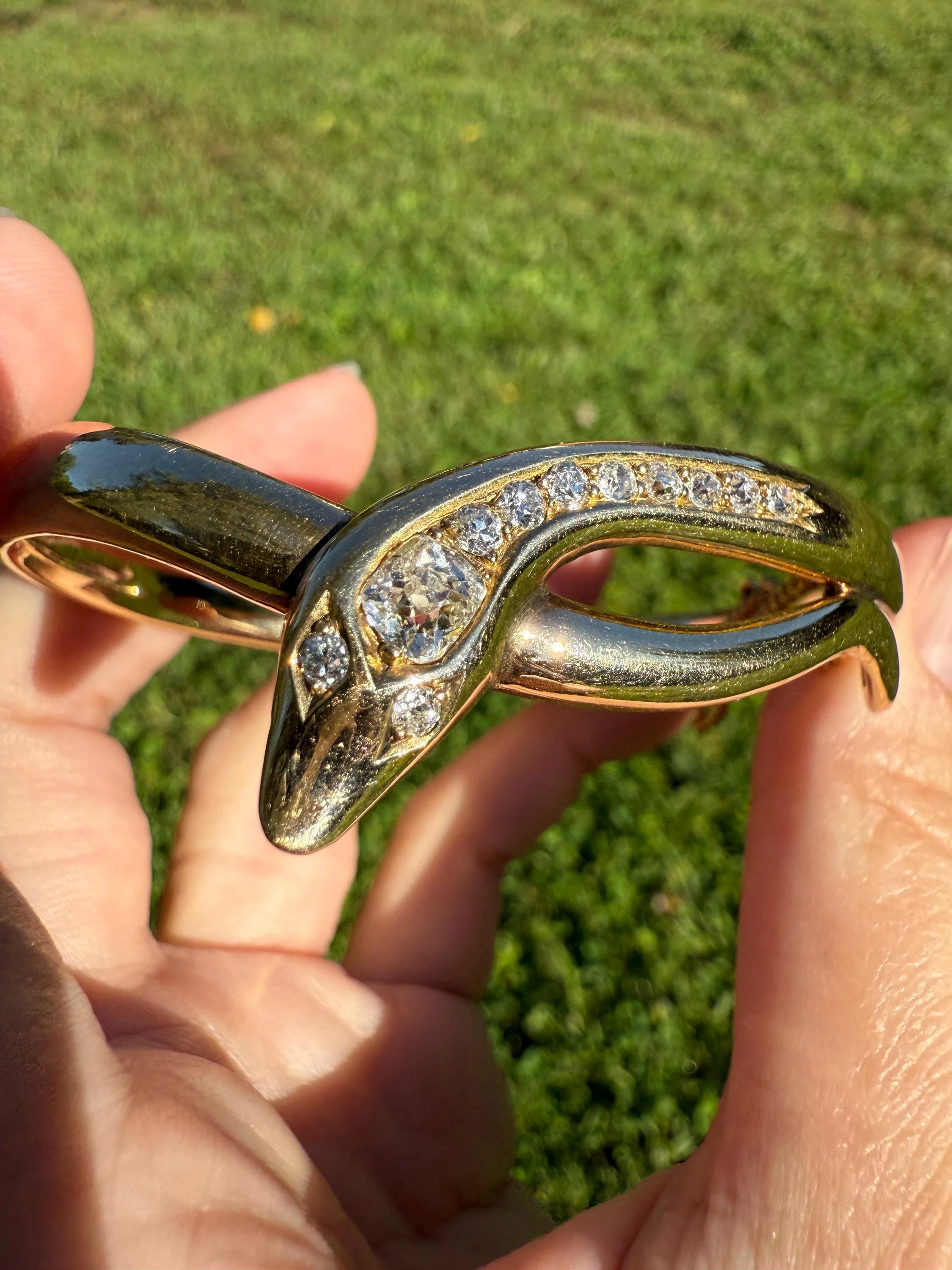 SNAKE Antique 1.3 Carat Old Mine Cut DIAMOND 32g 14k GOLD Chunky Heavy Bangle Bracelet Figural - Image 3