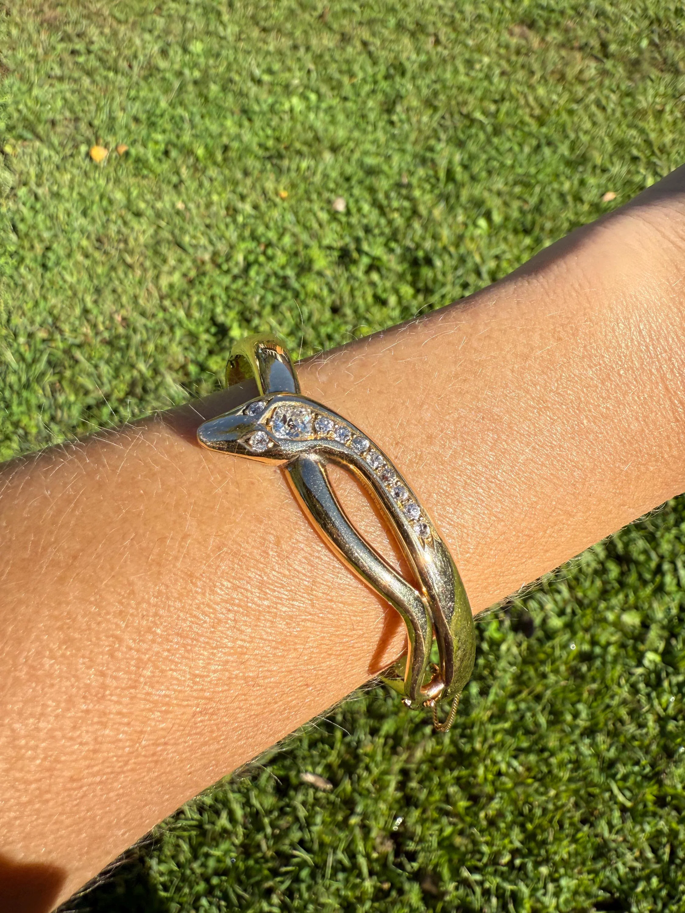 SNAKE Antique 1.3 Carat Old Mine Cut DIAMOND 32g 14k GOLD Chunky Heavy Bangle Bracelet Figural - Image 5
