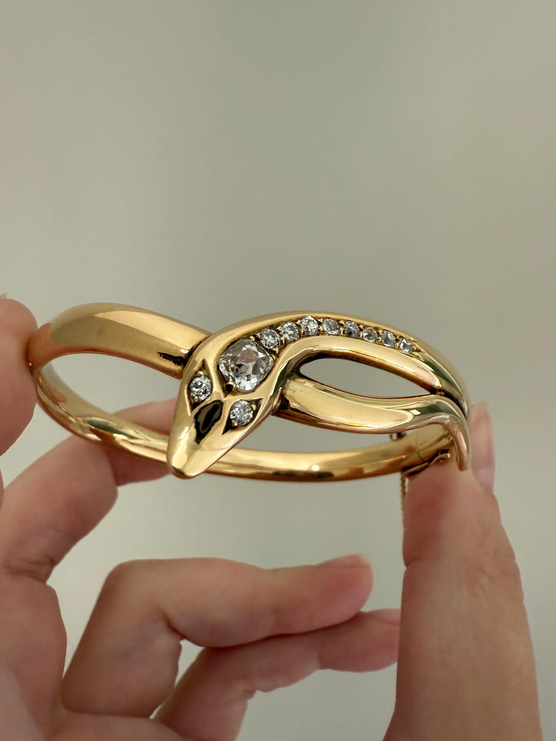 SNAKE Antique 1.3 Carat Old Mine Cut DIAMOND 32g 14k GOLD Chunky Heavy Bangle Bracelet Figural - Image 7