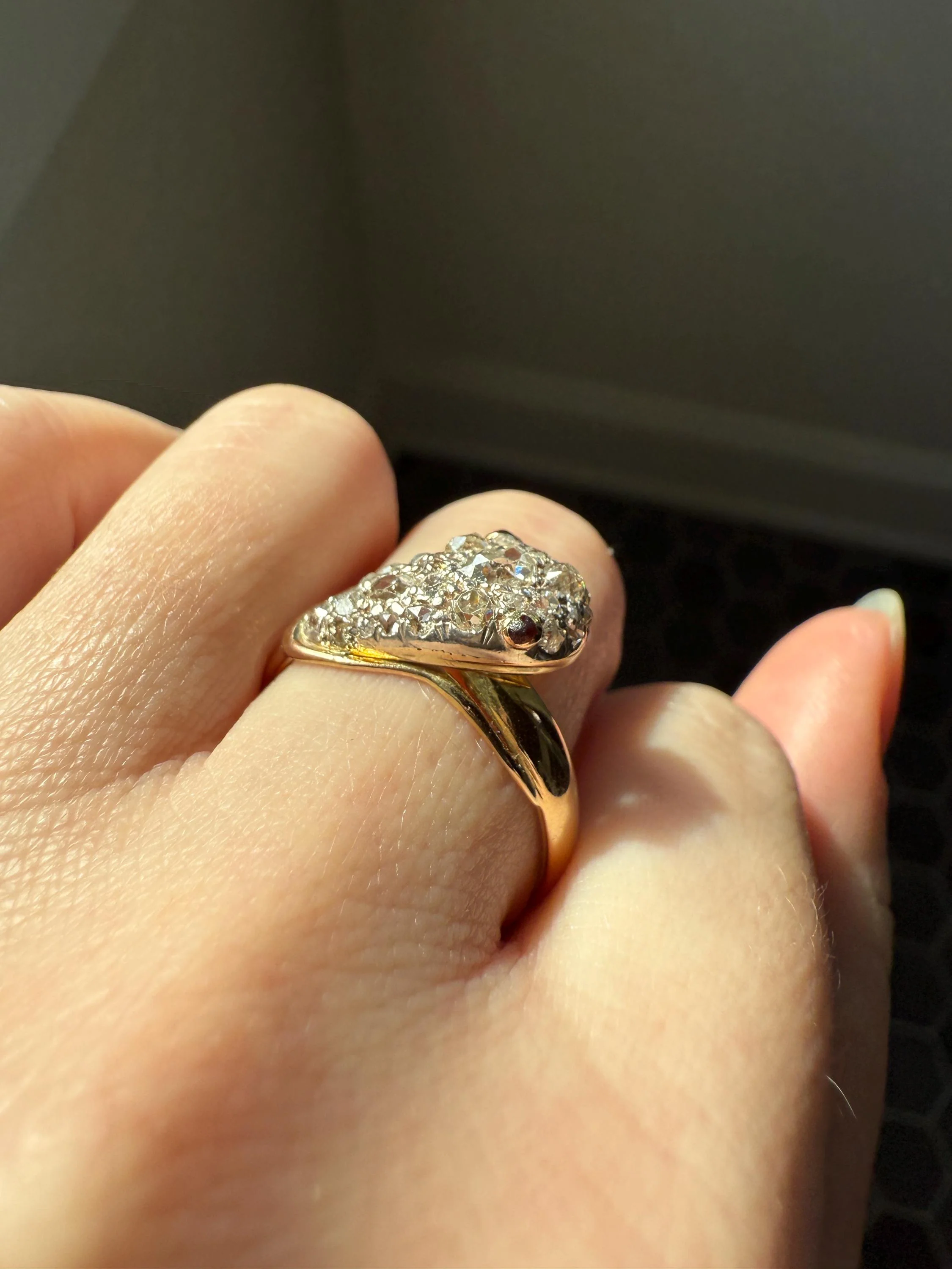 SNAKE Antique Figural Ring Chunky 1.5 Carat Rose Old Mine Cut Diamonds Encrusted Head Center Pear Ruby Eyes 18k Gold Solid 3D Band - Image 10