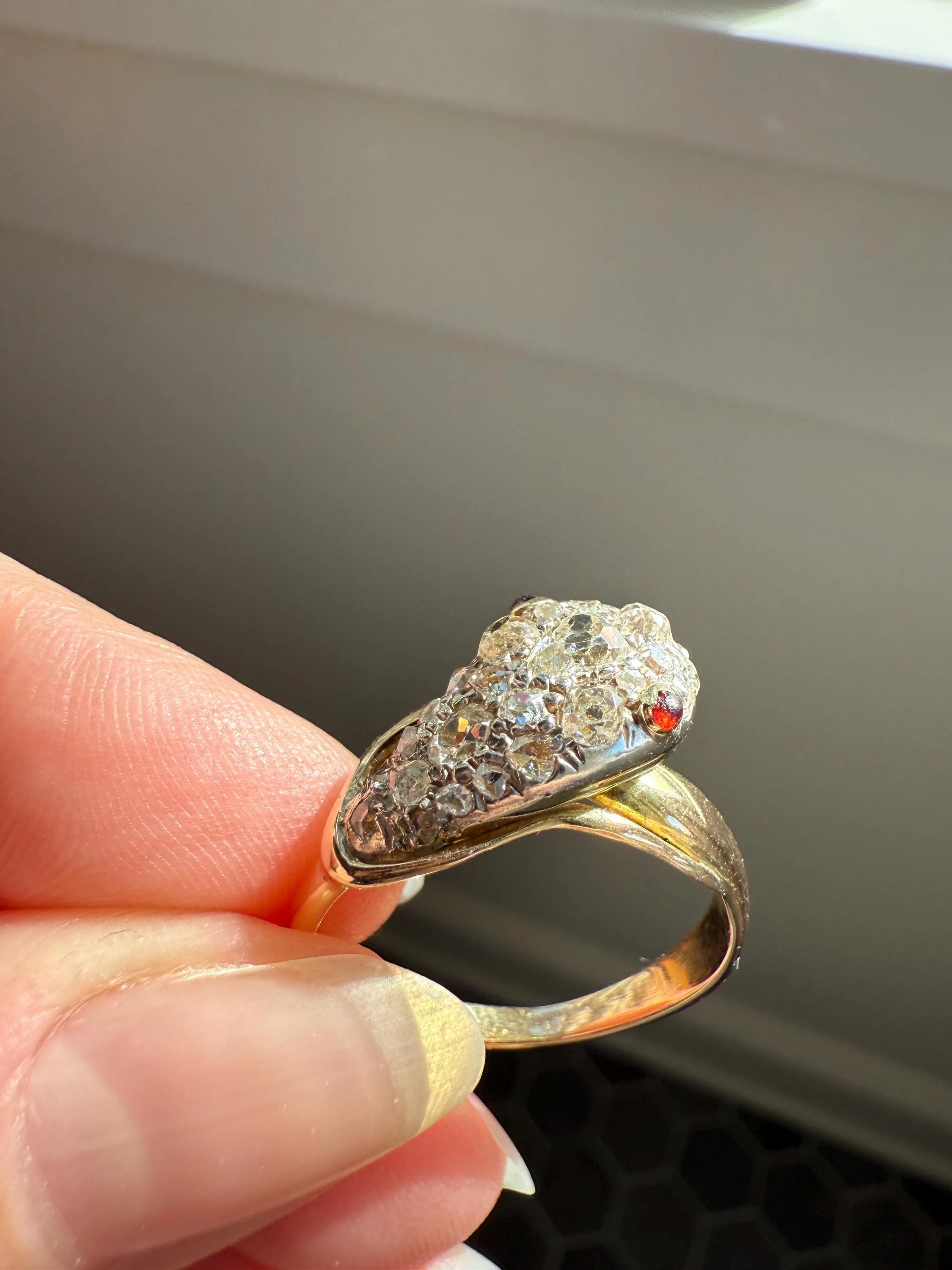 SNAKE Antique Figural Ring Chunky 1.5 Carat Rose Old Mine Cut Diamonds Encrusted Head Center Pear Ruby Eyes 18k Gold Solid 3D Band - Image 11