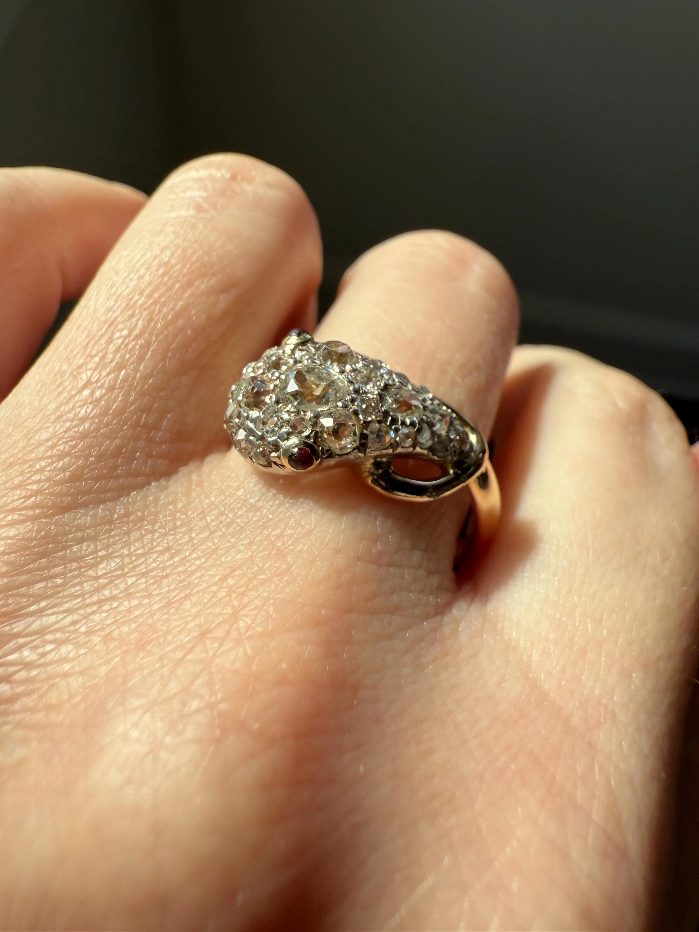 SNAKE Antique Figural Ring Chunky 1.5 Carat Rose Old Mine Cut Diamonds Encrusted Head Center Pear Ruby Eyes 18k Gold Solid 3D Band - Image 12