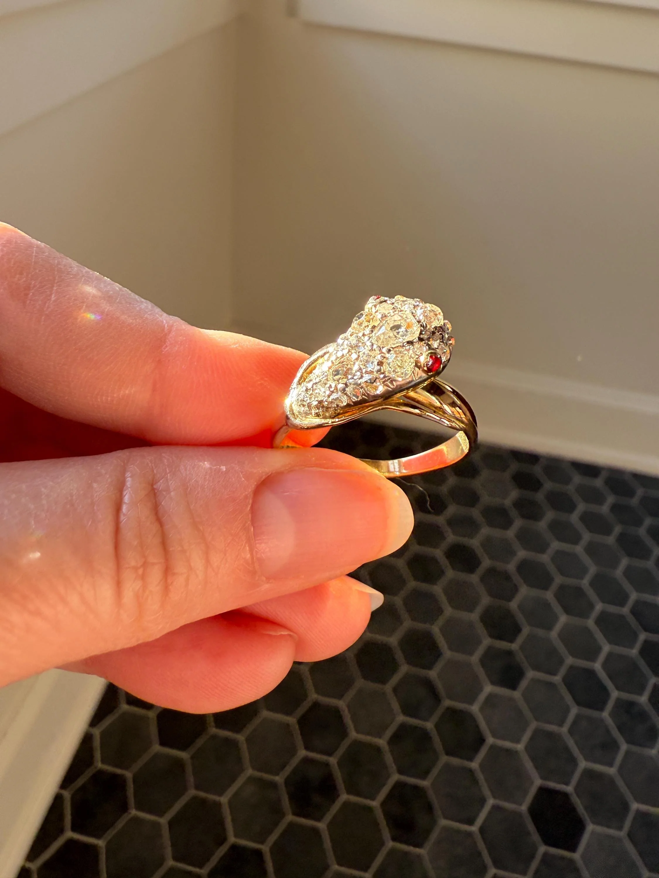 SNAKE Antique Figural Ring Chunky 1.5 Carat Rose Old Mine Cut Diamonds Encrusted Head Center Pear Ruby Eyes 18k Gold Solid 3D Band - Image 14