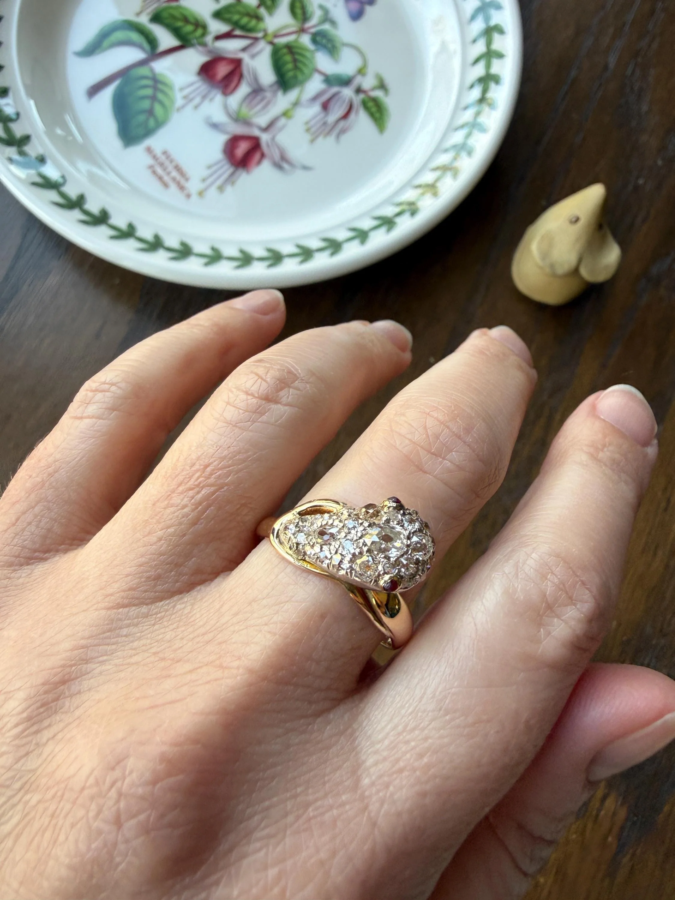 SNAKE Antique Figural Ring Chunky 1.5 Carat Rose Old Mine Cut Diamonds Encrusted Head Center Pear Ruby Eyes 18k Gold Solid 3D Band - Image 15