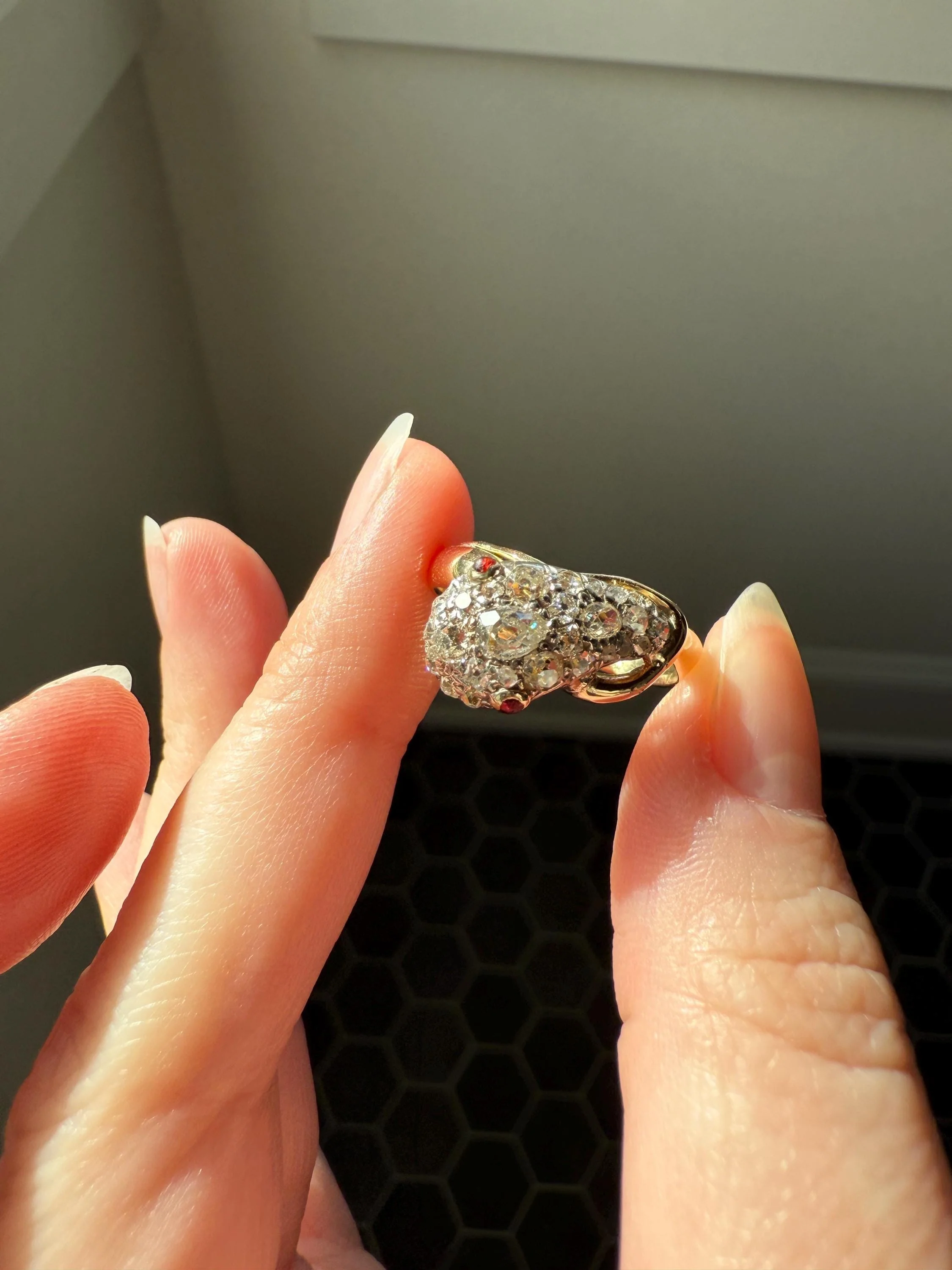 SNAKE Antique Figural Ring Chunky 1.5 Carat Rose Old Mine Cut Diamonds Encrusted Head Center Pear Ruby Eyes 18k Gold Solid 3D Band - Image 18