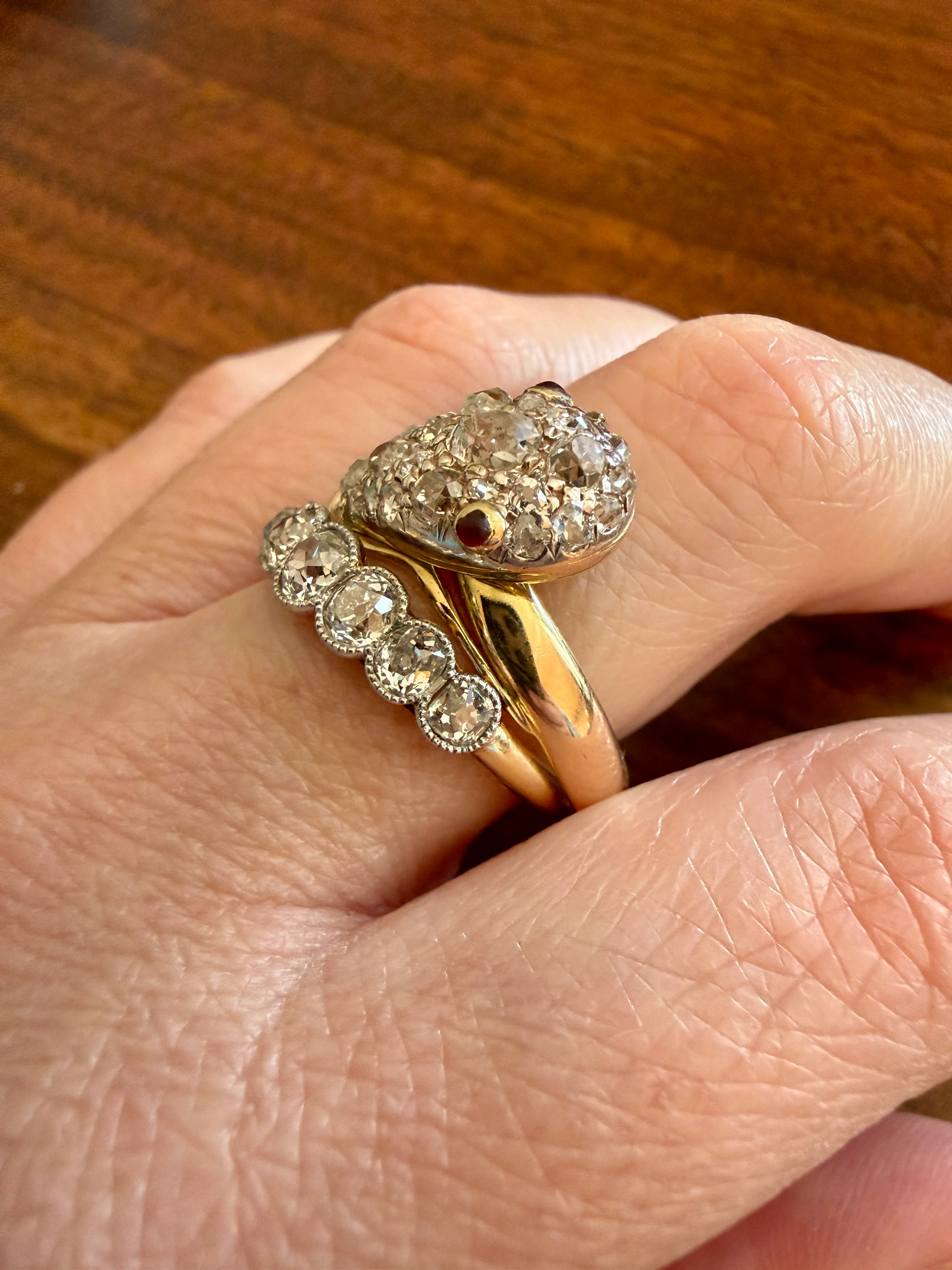 SNAKE Antique Figural Ring Chunky 1.5 Carat Rose Old Mine Cut Diamonds Encrusted Head Center Pear Ruby Eyes 18k Gold Solid 3D Band - Image 24