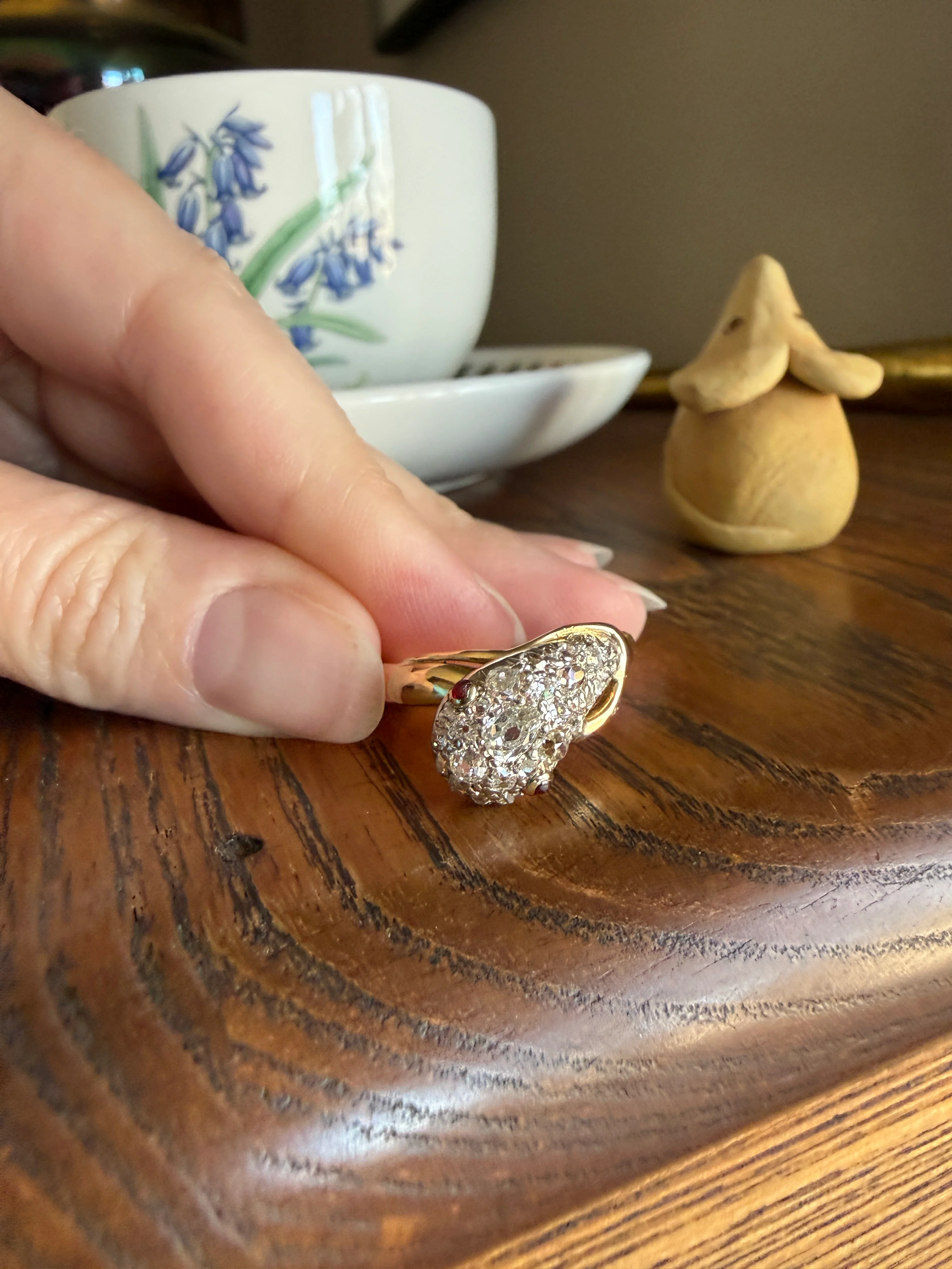 SNAKE Antique Figural Ring Chunky 1.5 Carat Rose Old Mine Cut Diamonds Encrusted Head Center Pear Ruby Eyes 18k Gold Solid 3D Band - Image 25