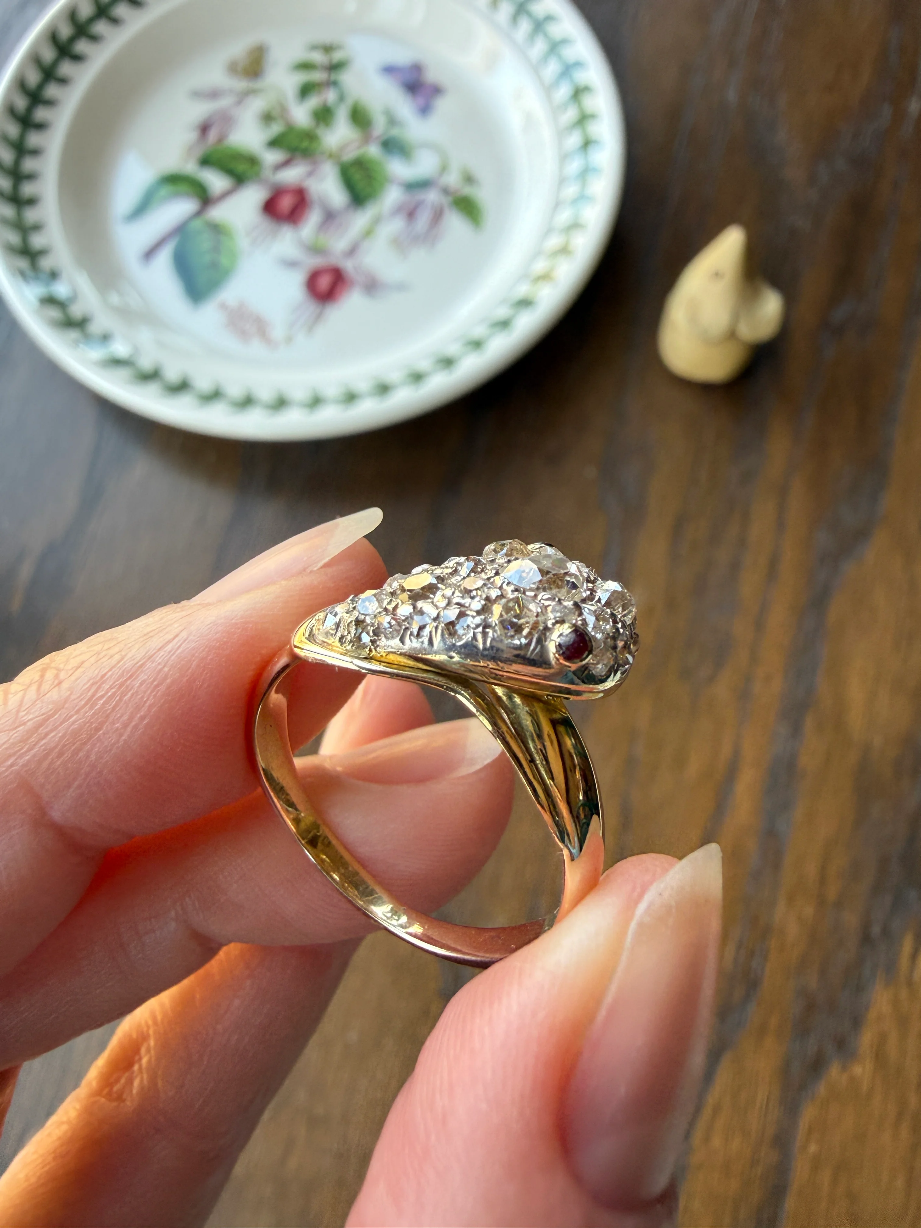 SNAKE Antique Figural Ring Chunky 1.5 Carat Rose Old Mine Cut Diamonds Encrusted Head Center Pear Ruby Eyes 18k Gold Solid 3D Band - Image 27