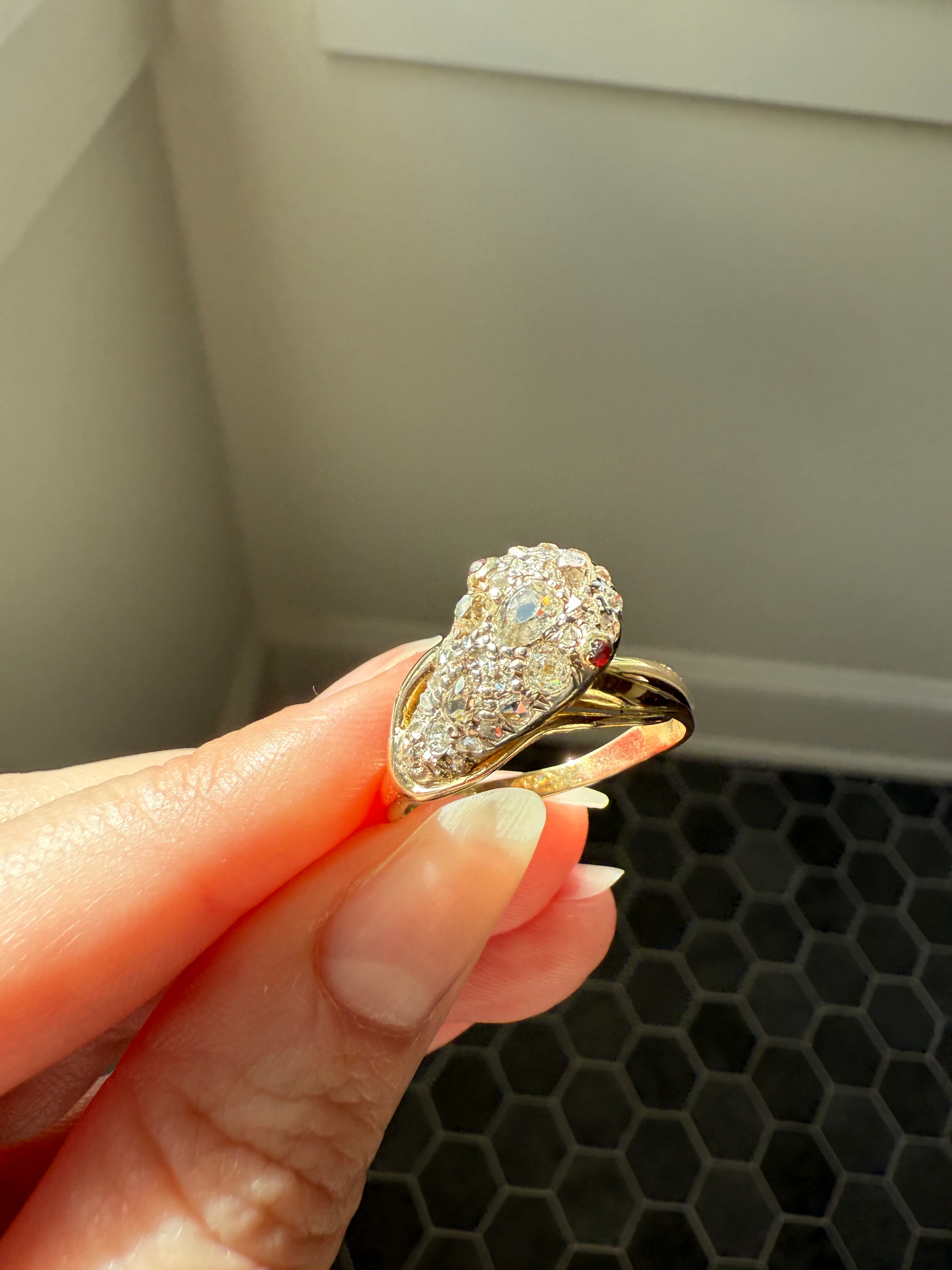 SNAKE Antique Figural Ring Chunky 1.5 Carat Rose Old Mine Cut Diamonds Encrusted Head Center Pear Ruby Eyes 18k Gold Solid 3D Band - Image 28