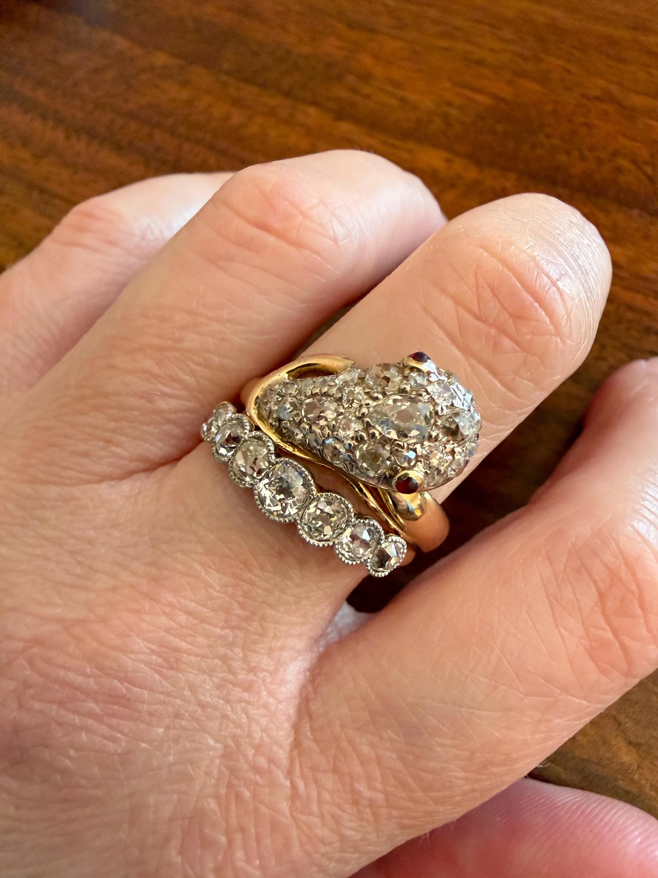 SNAKE Antique Figural Ring Chunky 1.5 Carat Rose Old Mine Cut Diamonds Encrusted Head Center Pear Ruby Eyes 18k Gold Solid 3D Band - Image 4