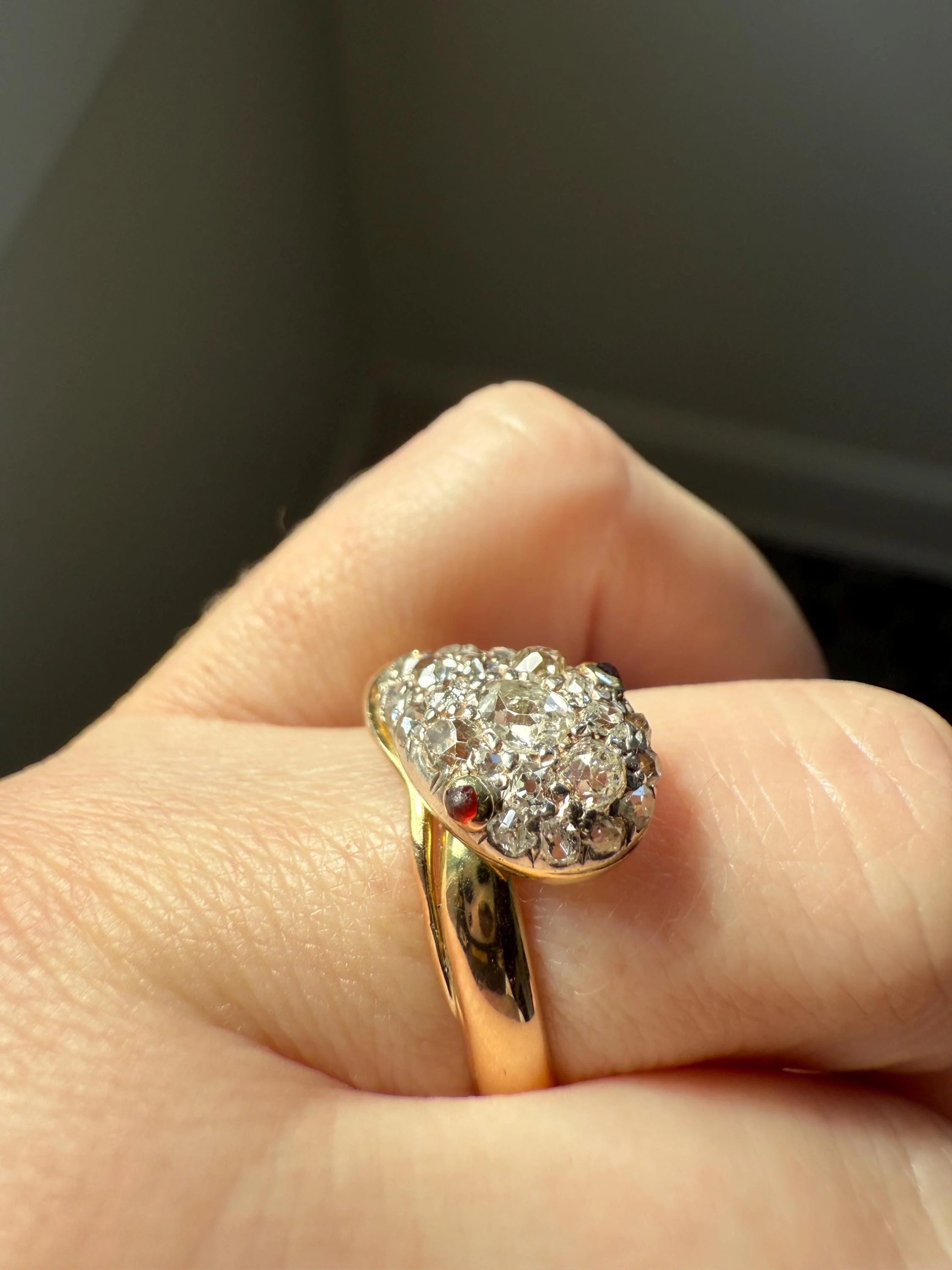 SNAKE Antique Figural Ring Chunky 1.5 Carat Rose Old Mine Cut Diamonds Encrusted Head Center Pear Ruby Eyes 18k Gold Solid 3D Band - Image 5