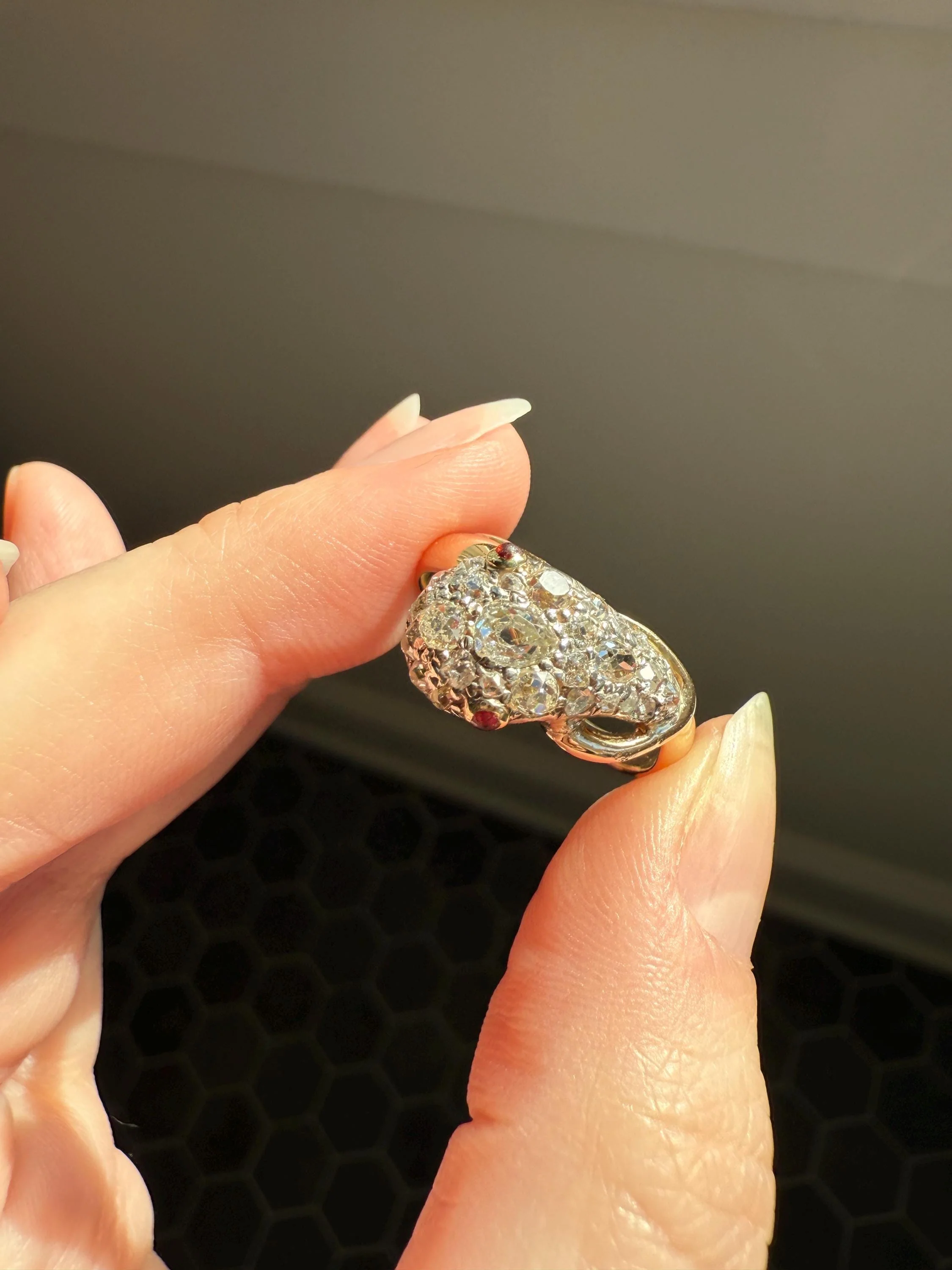 SNAKE Antique Figural Ring Chunky 1.5 Carat Rose Old Mine Cut Diamonds Encrusted Head Center Pear Ruby Eyes 18k Gold Solid 3D Band - Image 6